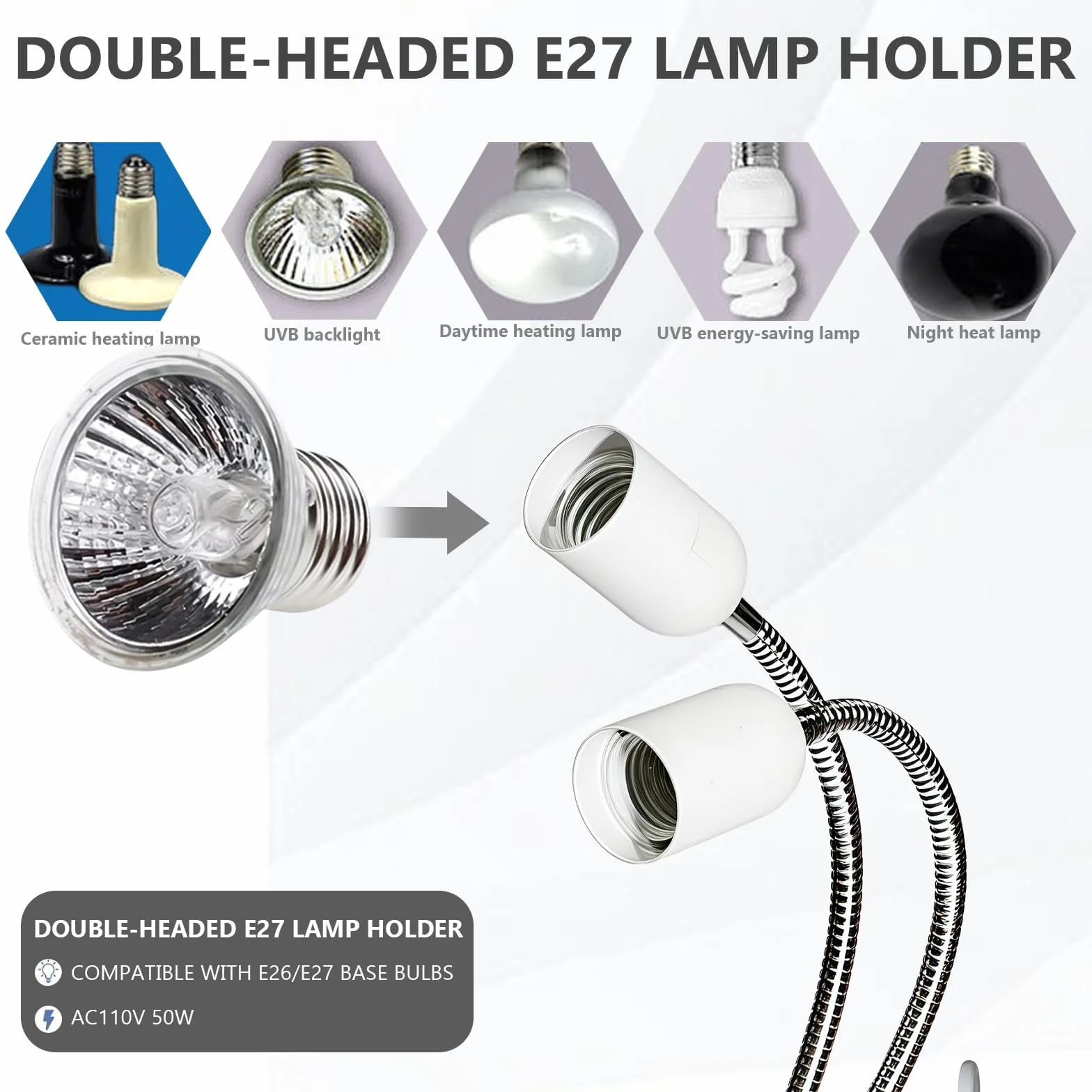 Oprawka lampy stołowej E27: podwójna głowica, uchwyt lampy, lampa biurkowa LED, klips z kablem i włącznikiem, wtyczka EU, elastyczna szyja 360 stopni, długi wąż do zagłówka, stołu warsztatowego