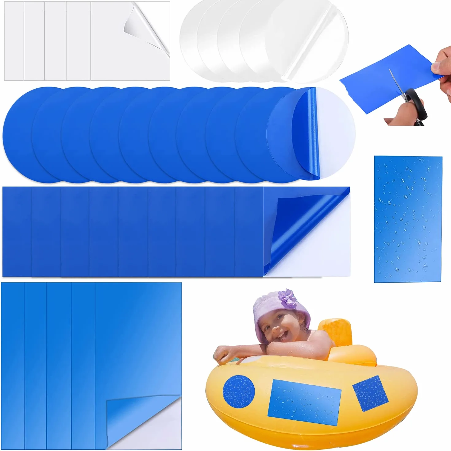 35 sztuk zestaw naprawczy do basenu, niebieskie samoprzylepne łatki basenowe do naprawy, akcesoria basenowe, przezroczyste łatki naprawcze z PVC do basenów, pontonów, zasłon, łóżek wodnych