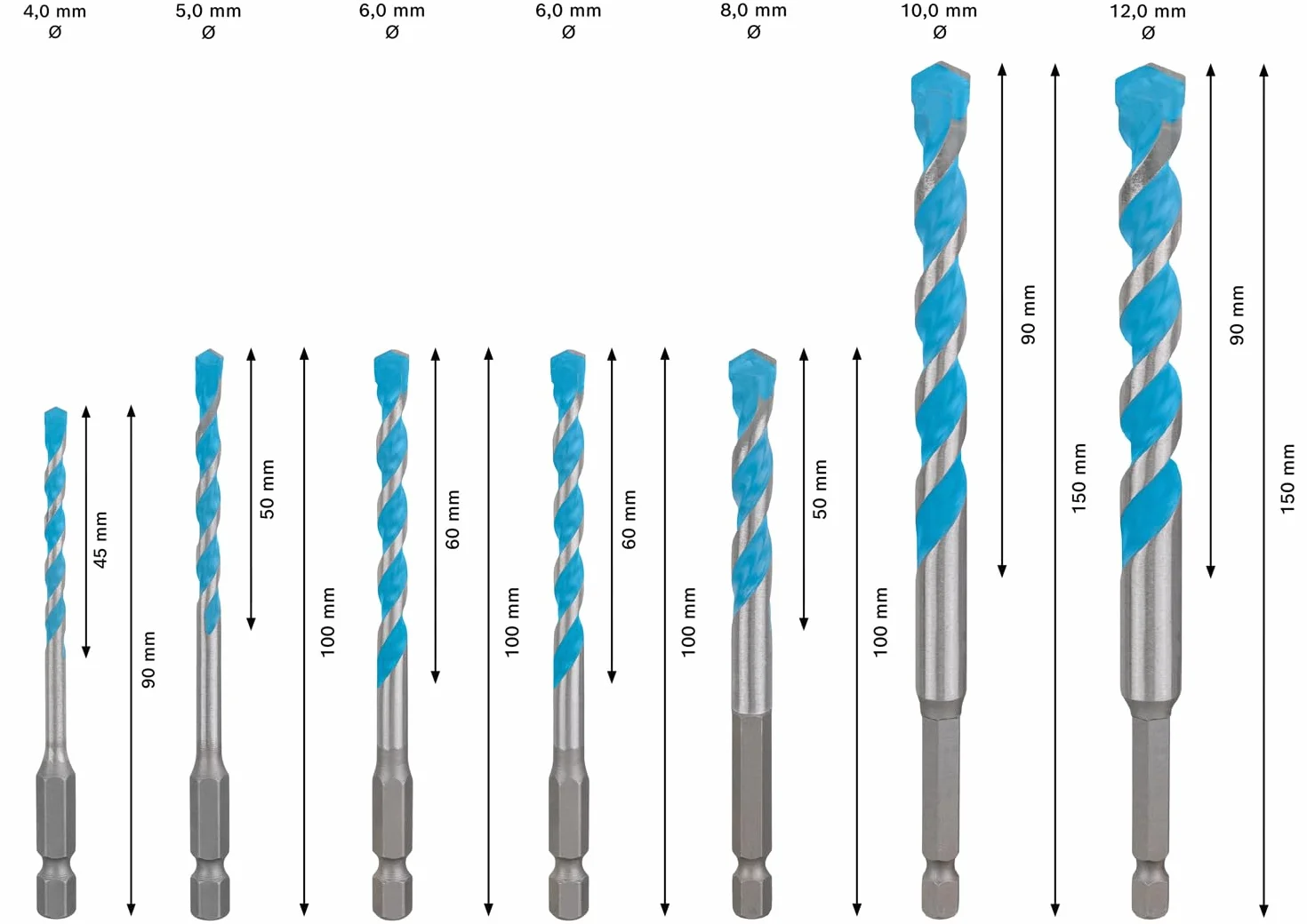 Bosch 7x Zestaw wierteł EXPERT HEX-9 Multi Construction (do Beton, Miękkie płytki ceramiczne, Ø 4,0, 5,0, 6,0, 6,0, 8,0, 10,0, 12,0 mm, Professional Akcesoria Wiertarki)