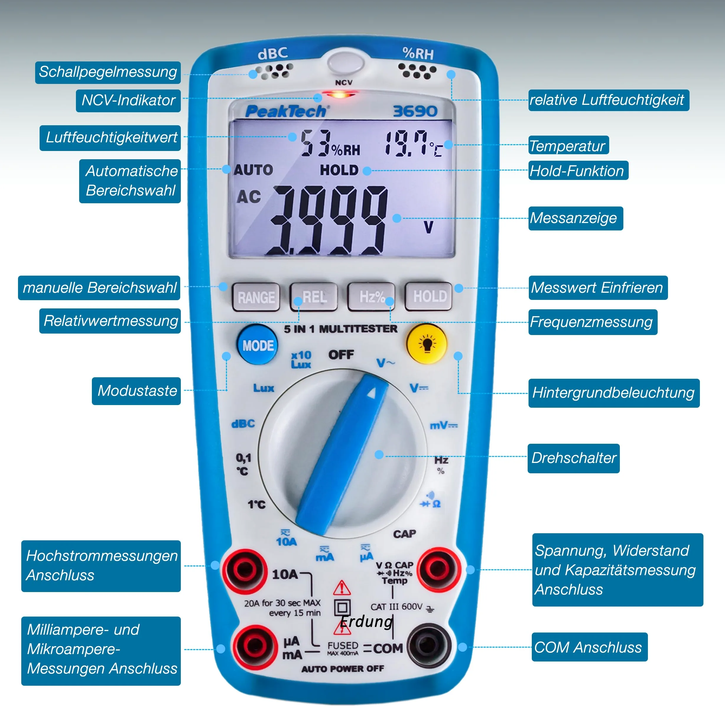 PeakTech P 3690 - Cyfrowy Multimetr ~ 4.000 zliczeń ~ z Miernikiem poziomu dźwięku, temperatury, wilgotności względnej i luksów