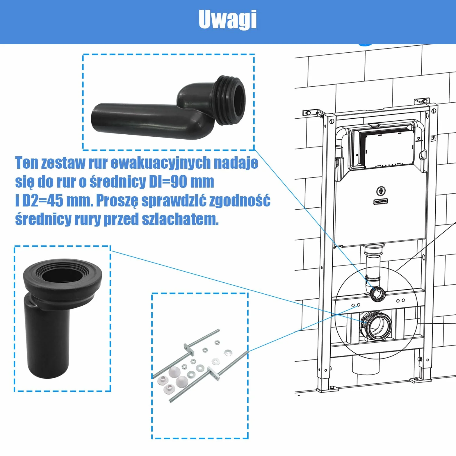 Zestaw przyłączeniowy do WC Mendorio – przyłącze do wiszącego WC, wykonane z PE-HD, odpowiednie do średnic rur: d=90 mm, d1=45 mm, kompatybilne z rurą przyłączeniową do WC Geberit 405.116.00.1.