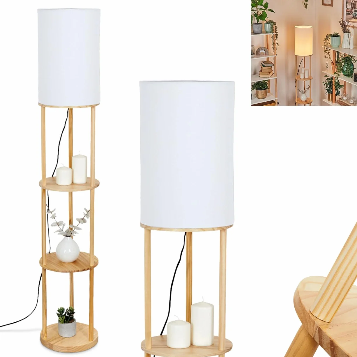 Lampa podłogowa Hamaa, lampa stojąca wykonana z drewna/tkaniny w kolorach naturalnych/białych, skandynawski design, klosz Ø 26 cm, półki i włącznik nożny, wysokość 150,5 cm, 1 x E27, bez żarówki