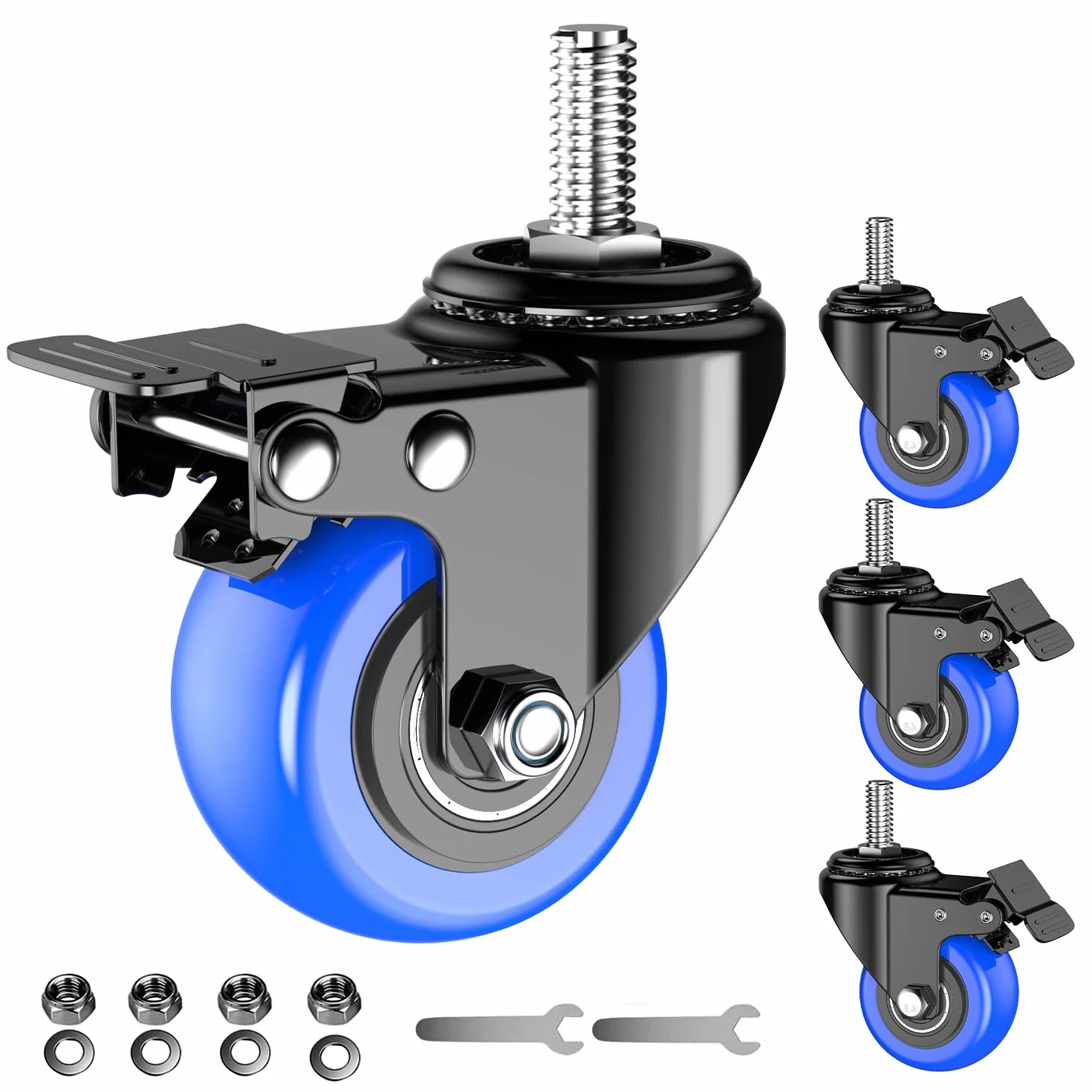 Kółka jezdne, wytrzymałe, 2-calowe, 800 funtów, kółka z gwintowanym trzpieniem 1/2"-13 x 1 (średnica trzpienia 1/2", długość trzpienia 1"), zestaw 4 kółek z blokadą bezpieczeństwa, przemysłowe kółka