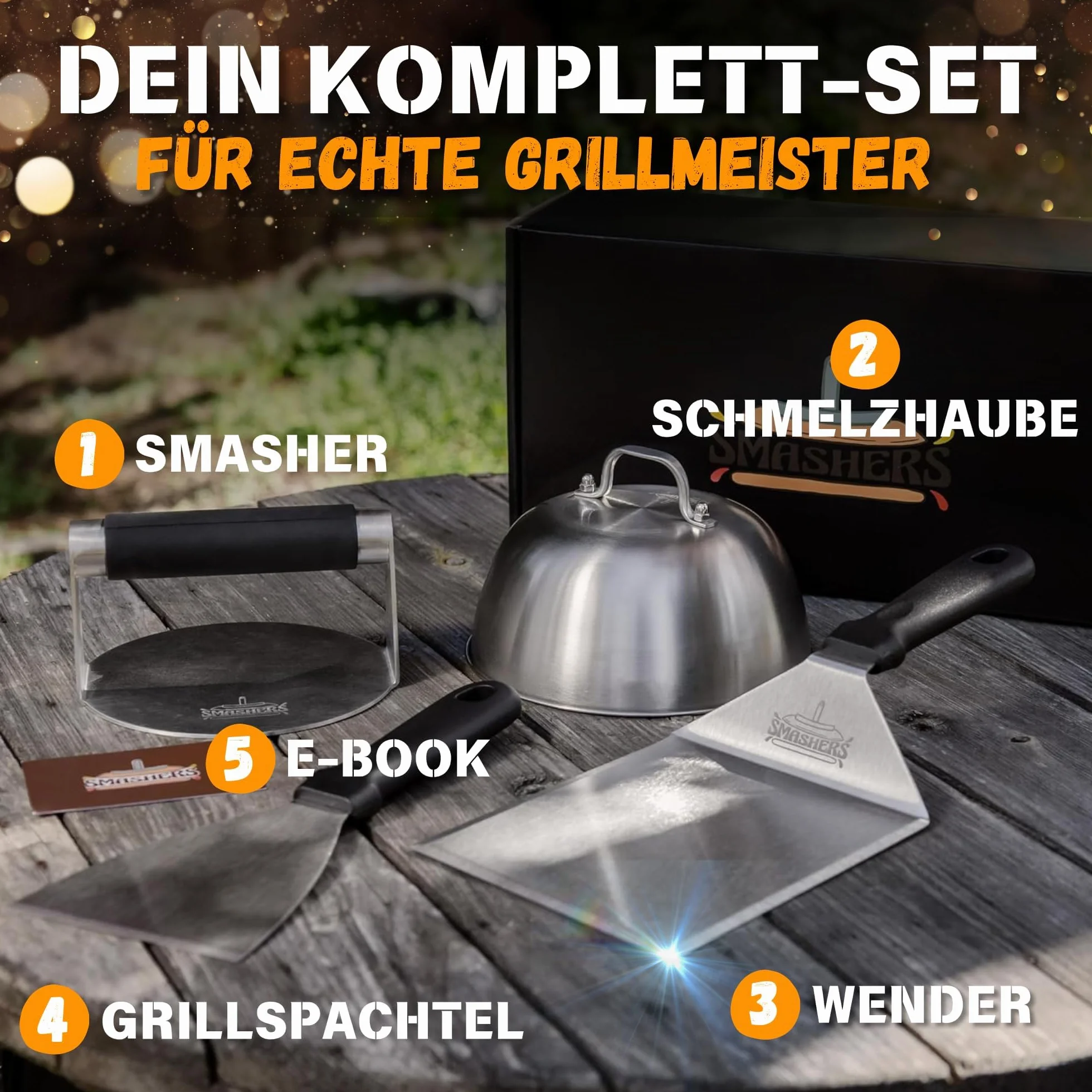 SMASHERS Smash zestaw do burgerów – zestaw do burgerów z prasą do burgerów, szpachelką do grilla, szpatułką do patelni i dzwonkiem do burgerów - w zestawie e-book z przepisami na smash burgery i