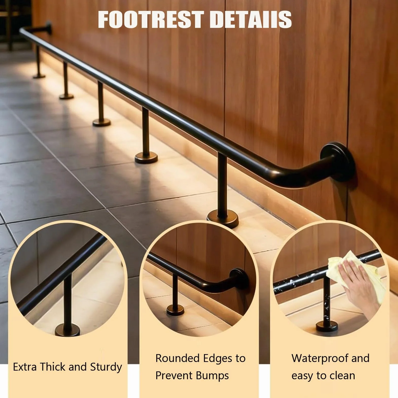 inless Zestaw balustrad stalowych, 5ft / 152 cm, czarna szyna nożna z akcesoriami do wewnątrz, na zewnątrz, pub, kuchnia, pojemność 150 kg
