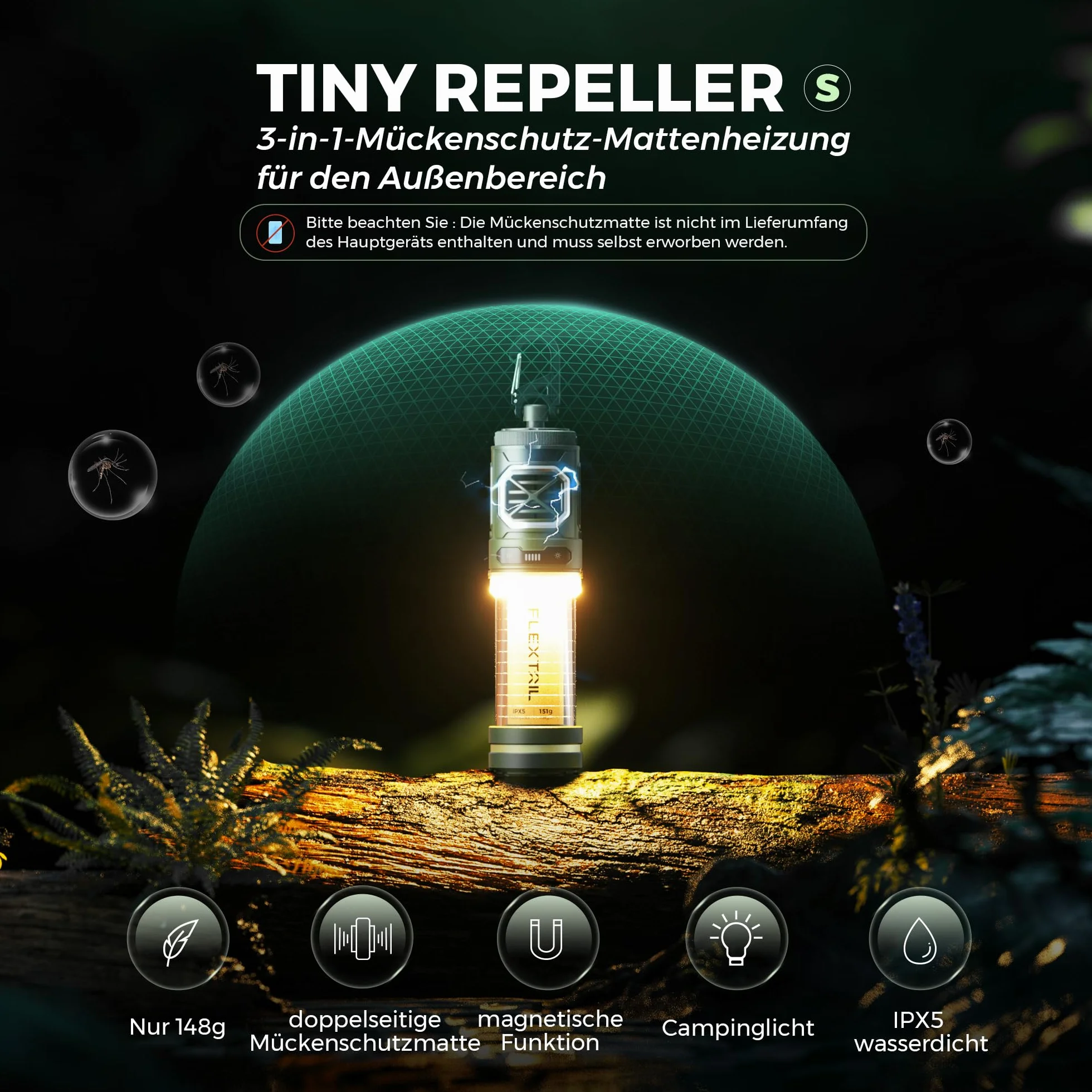 FLEXTAILGEAER Tiny Repeller S przenośna ochrona przed komarami lampa kempingowa 400 lm akumulator 4800 mAh ogrzewanie 165°C IPX5