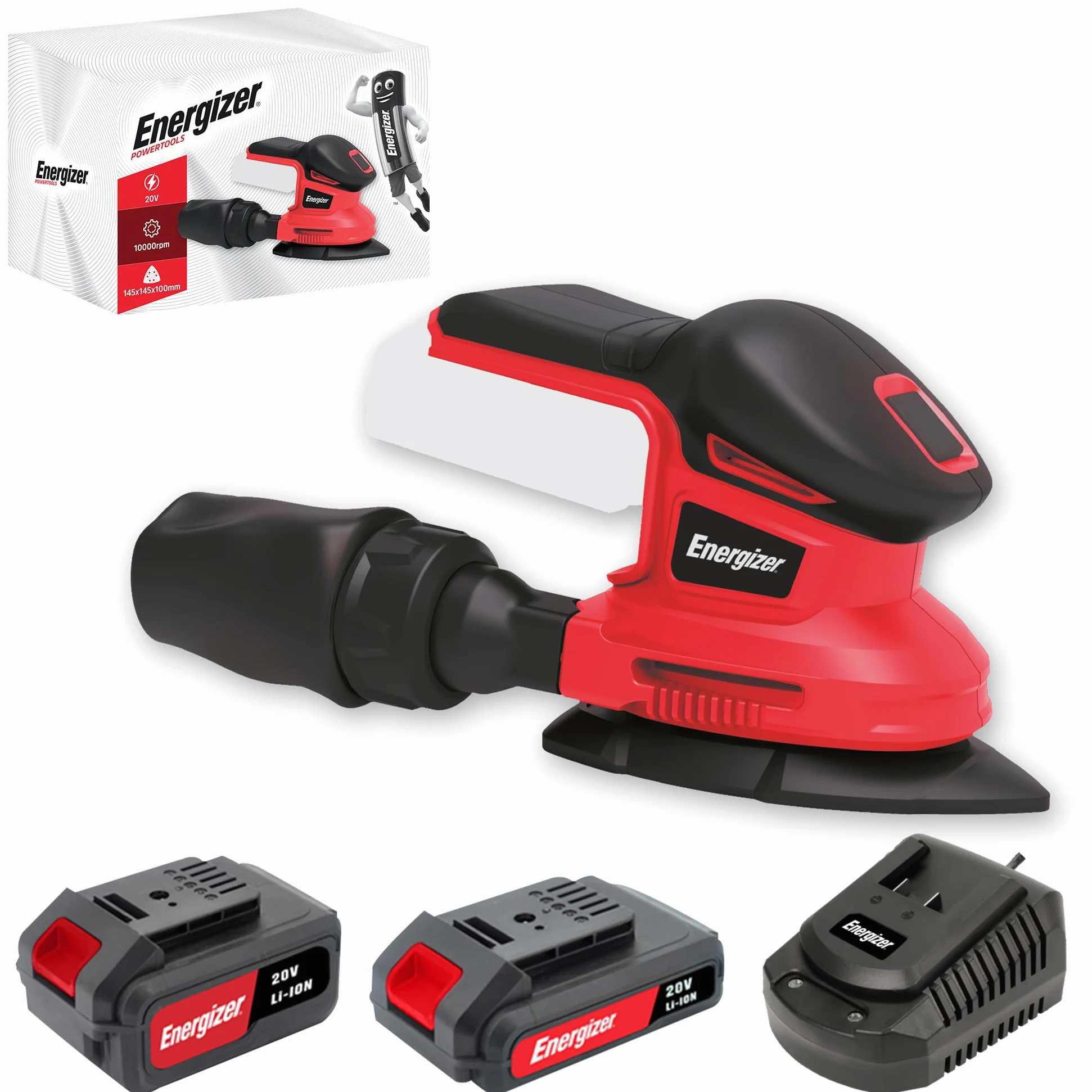 Energizer - Bezprzewodowa trójkątna szlifierka wibracyjna 20V Bateria (w zestawie) - 10000 OPM, odkurzacz worek na kurz, 10 podkładek w zestawie (P60/80/120) DIY i wykończenie