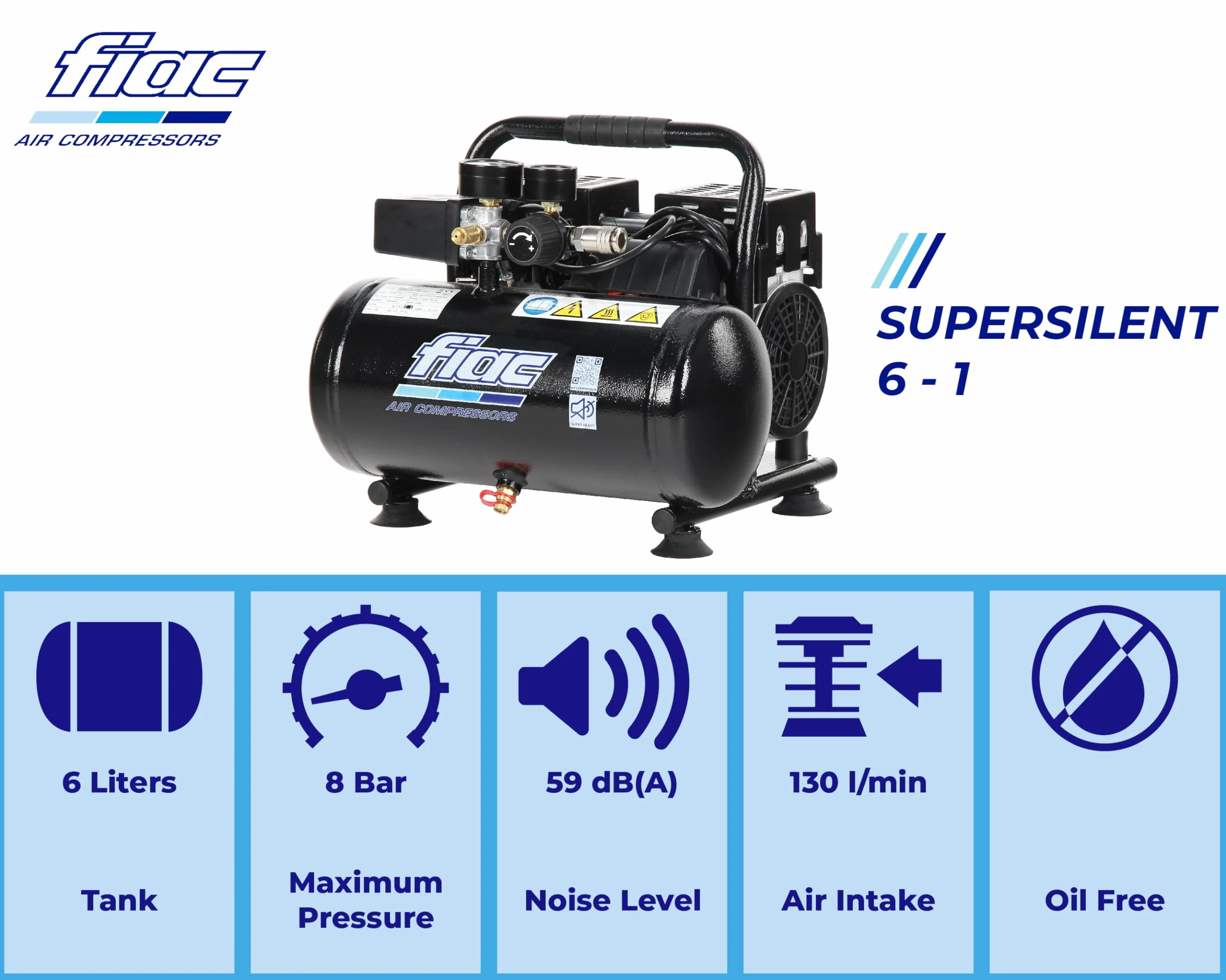 FIAC SUPERSILENT 6 Cicha przenośna sprężarka powietrza, wolne od oleju, maksymalne ciśnienie 8 bar, 1 KM, zbiornik 6 litrów, poziom hałasu 58 dB LpA