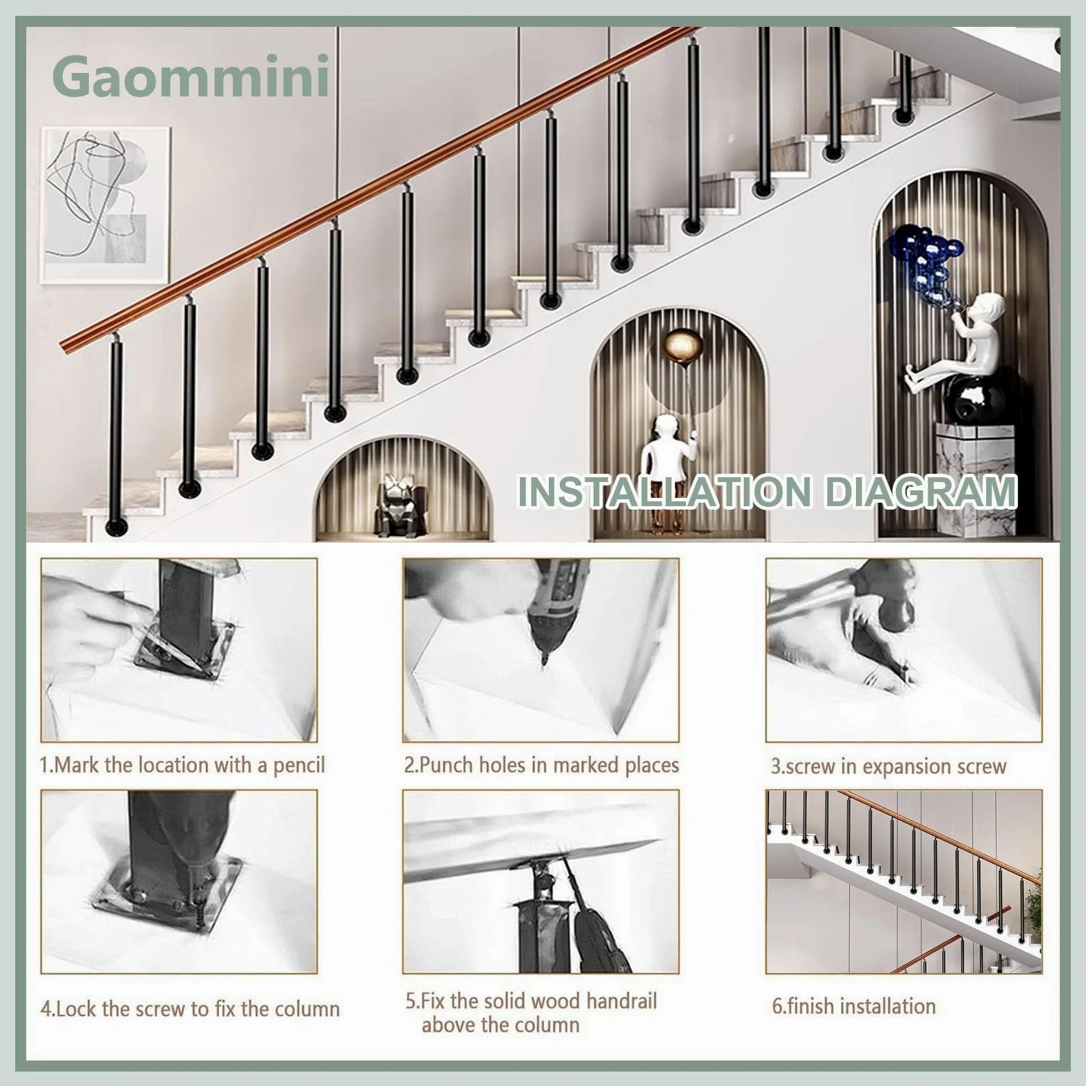 Zewnętrzne metalowe balustrady schodowe – żelazne słupki balustradowe z okrągłą rurą, zestaw kolumn i śrub do łatwego montażu bocznego, idealne dla bezpieczeństwa na werandzie