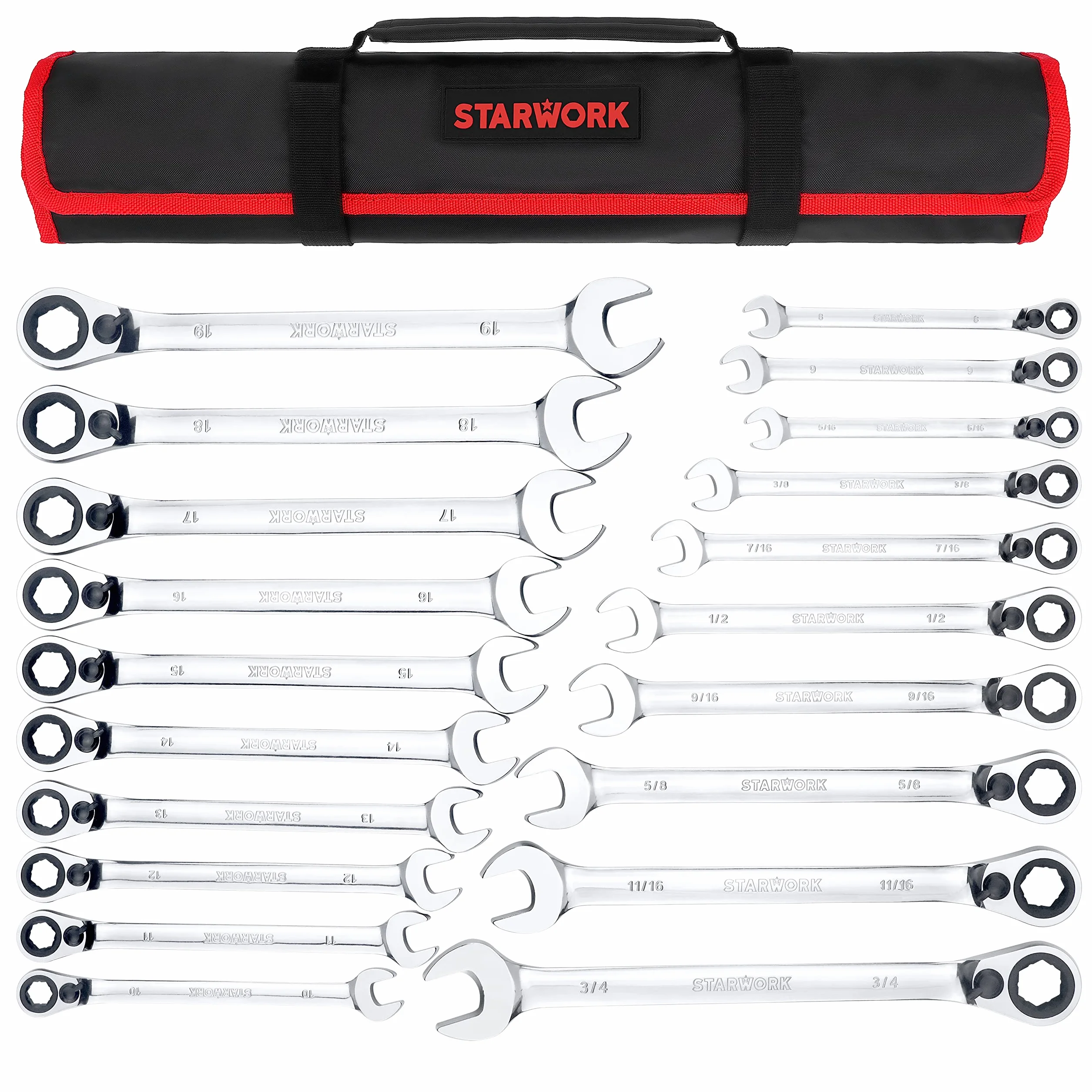 STARWORK True Mechanic™ zestaw dwustronnych kluczy płasko-oczkowych z grzechotką, antypoślizgowe, długi wzór, SAE, metryczny, profesjonalny, z przenośną torbą zwijaną