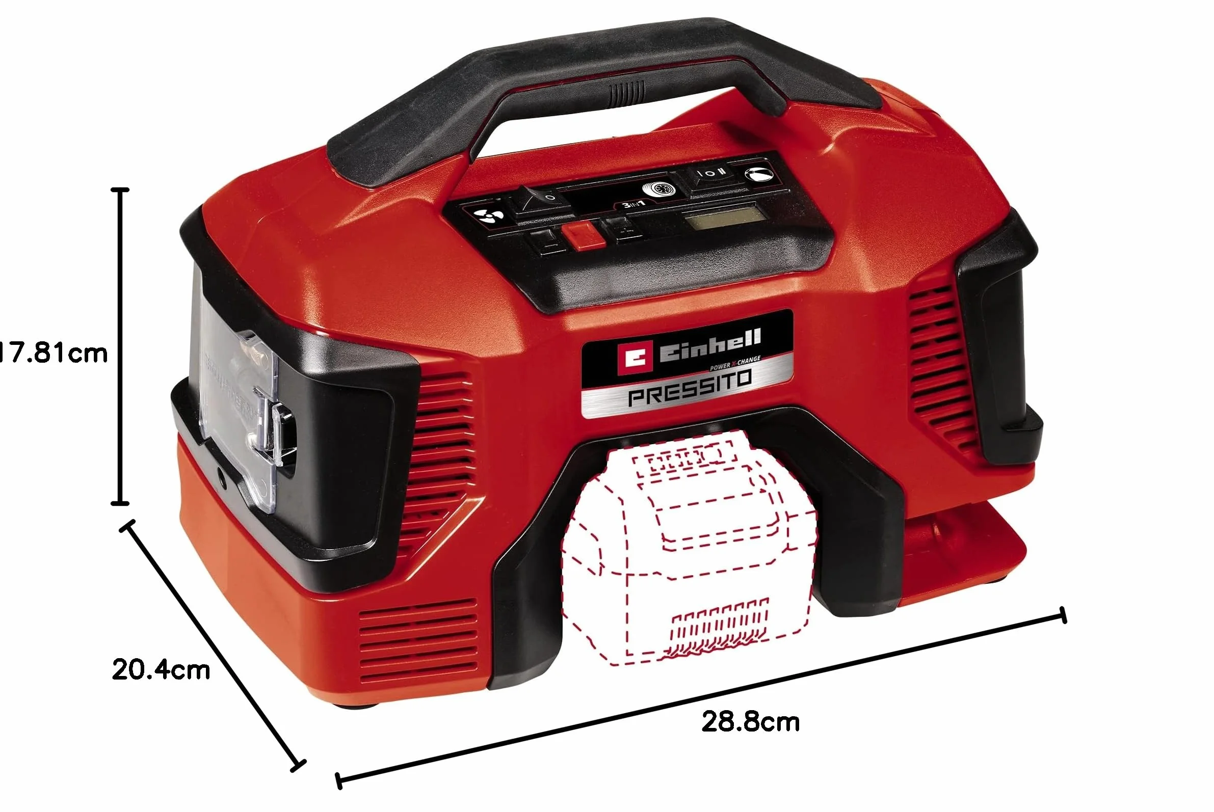 Einhell Kompresor akumulatorowy PRESSITO 18/21 Power X-Change (Li-Ion, 18 V, pompa wysokiego i niskiego ciśnienia, cyfrowy wyświetlacz, funkcja automatycznego wyłączania, bez akumulatora i ładowarki)