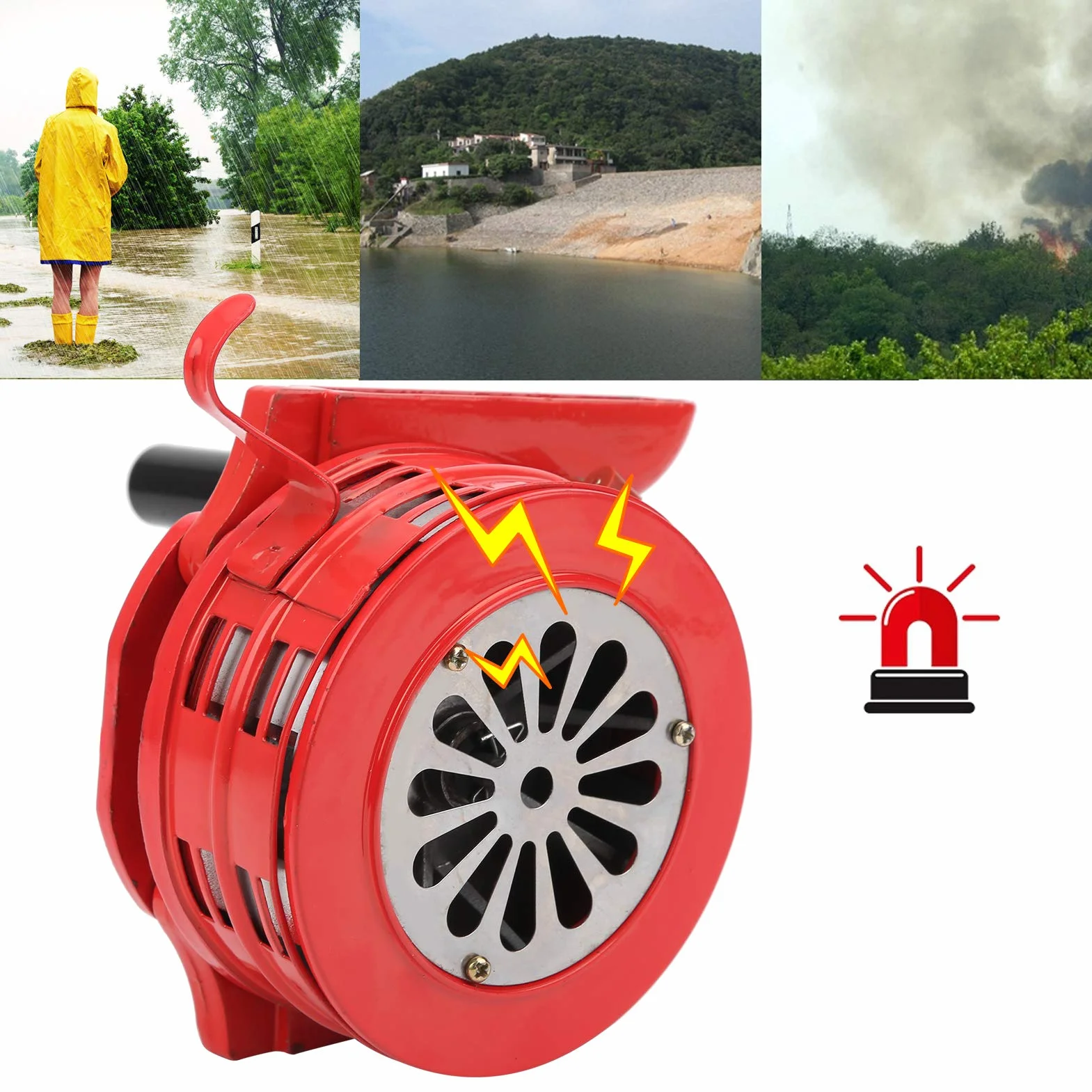 Estink Przenośny Alarm Korbowy, Syrena Bezpieczeństwa 120 DB, Metalowa Obudowa, Ręczna Kontrola Awaryjna Przeciwpożarowa, Czerwony