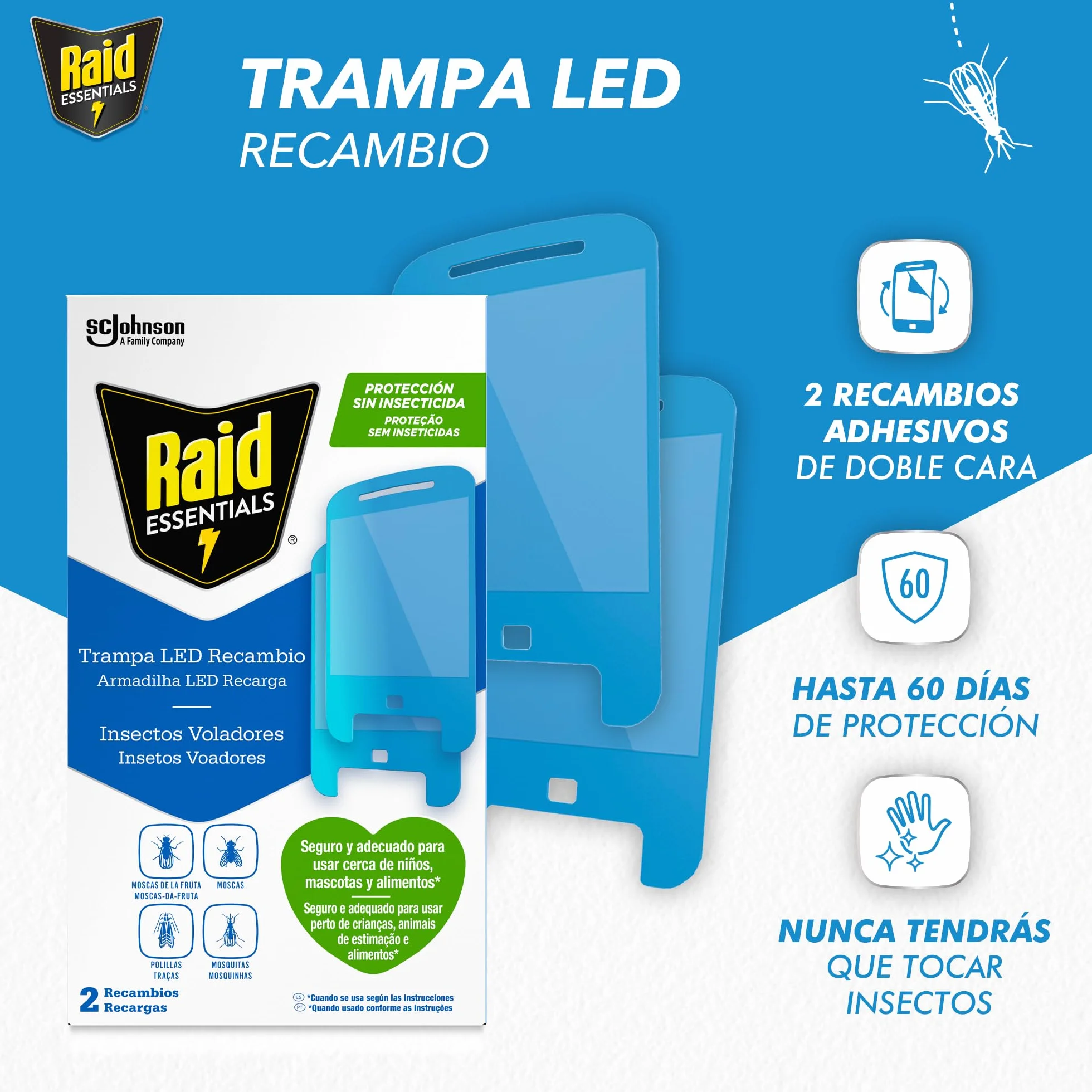 Raid Essentials 2 x zamiennik pułapki LED na muchy, muchy owocowe i mole, ochrona 24/7