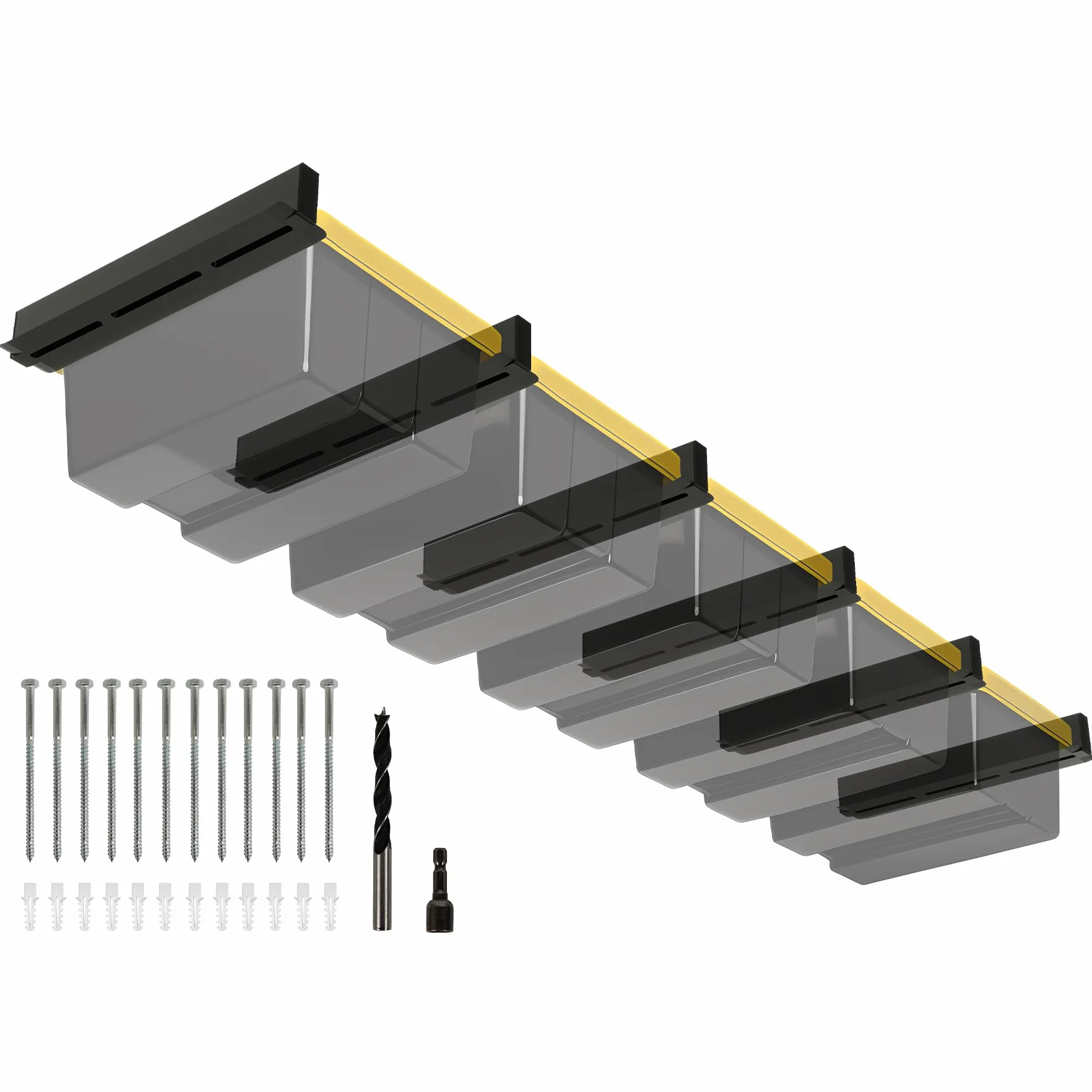 5-bin Overhead Garage Storage Rack, wytrzymałe sufitowe stojaki do przechowywania, powlekany proszkowo, do garaży, szop, magazynów (6 szt., na 5 pojemników)