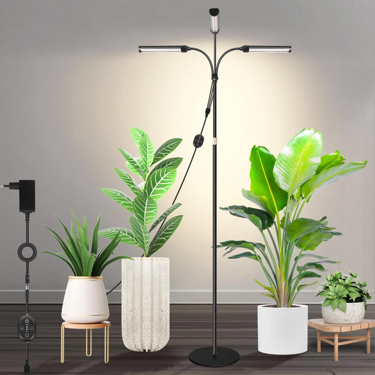 Duża lampa do roślin 24V do uprawy w pomieszczeniach, pełne spektrum z wzmocnionym 660 nm, LED LM281B+, timer i ściemnianie, wysokość 56–178 cm, podstawa 25 cm, 28W, 560 µmol/m²/s @15 cm