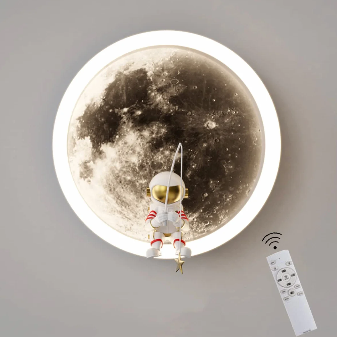 Lampa ścienna LED do pokoju dziecięcego księżyc, kinkiet astronauta dekoracja sypialni chłopca/dziewczyny, ściemniana za pomocą pilota, 20 CM, 3000 K-6000 K, 12 W, okrągła lampka nocna dla dzieci,White