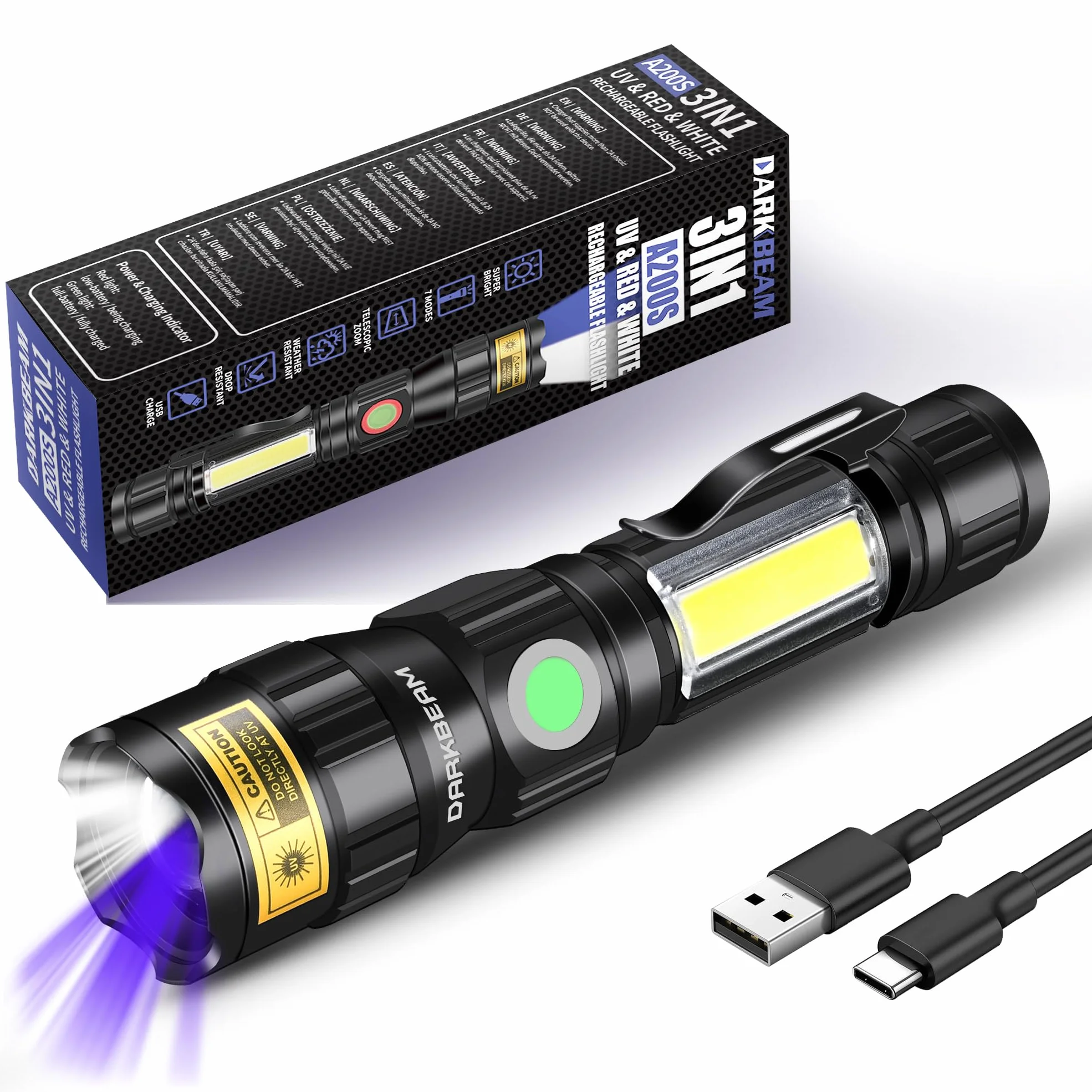 DARKBEAM Latarka UV 365 nm czarne światło USB do ładowania, 7 trybów, LED czerwone światło regulowana przenośna na kemping, wykrywacz moczu zwierząt domowych, utwardzanie żywicy, magnetyczna podstawa