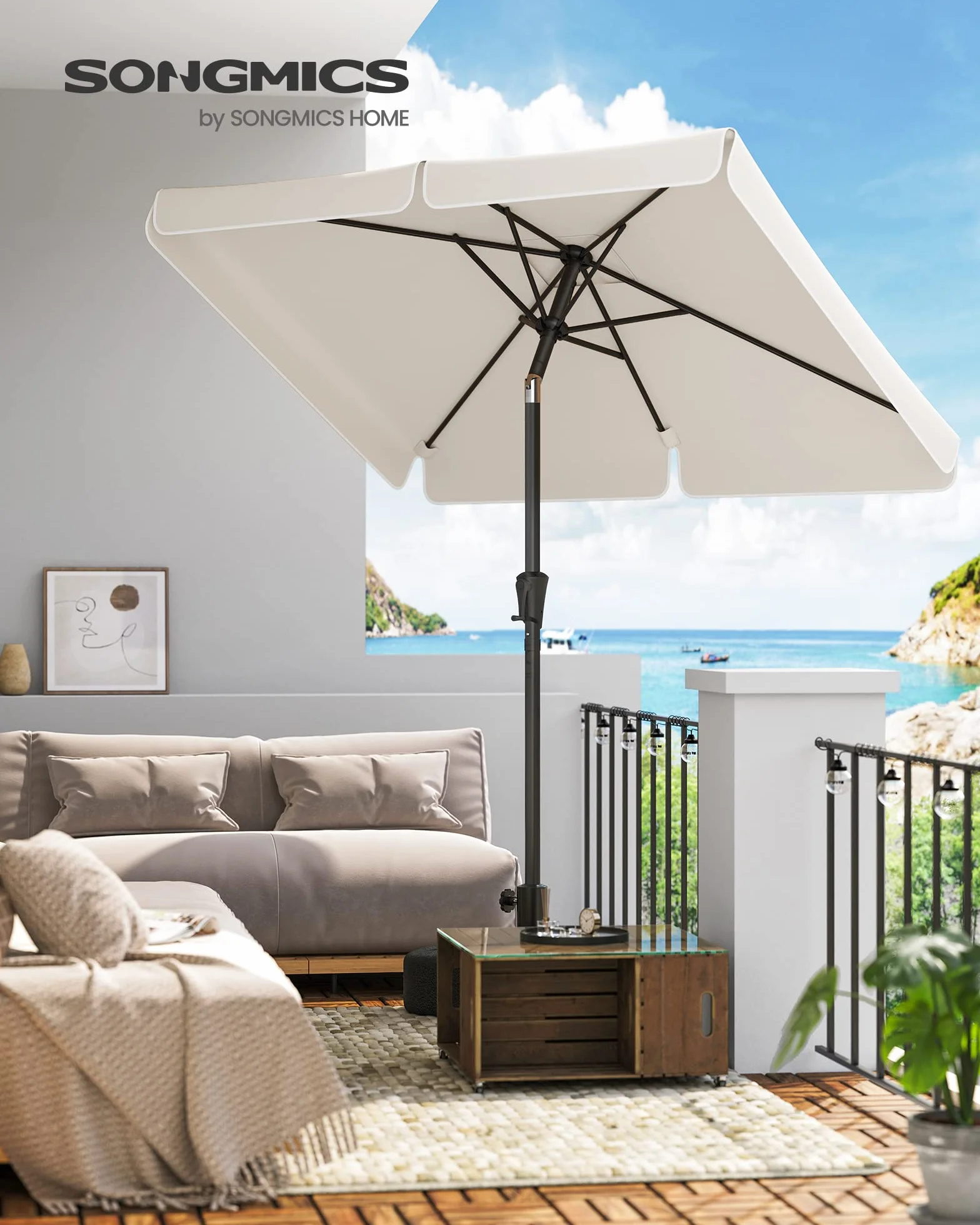 SONGMICS parasol 200 x 150 cm, prostokątny parasol balkonowy, ochrona przeciwsłoneczna UPF 50+, wygięty w obie strony o 30°, do ogrodu, na taras, bez stojaka, beżowy GPU048M01