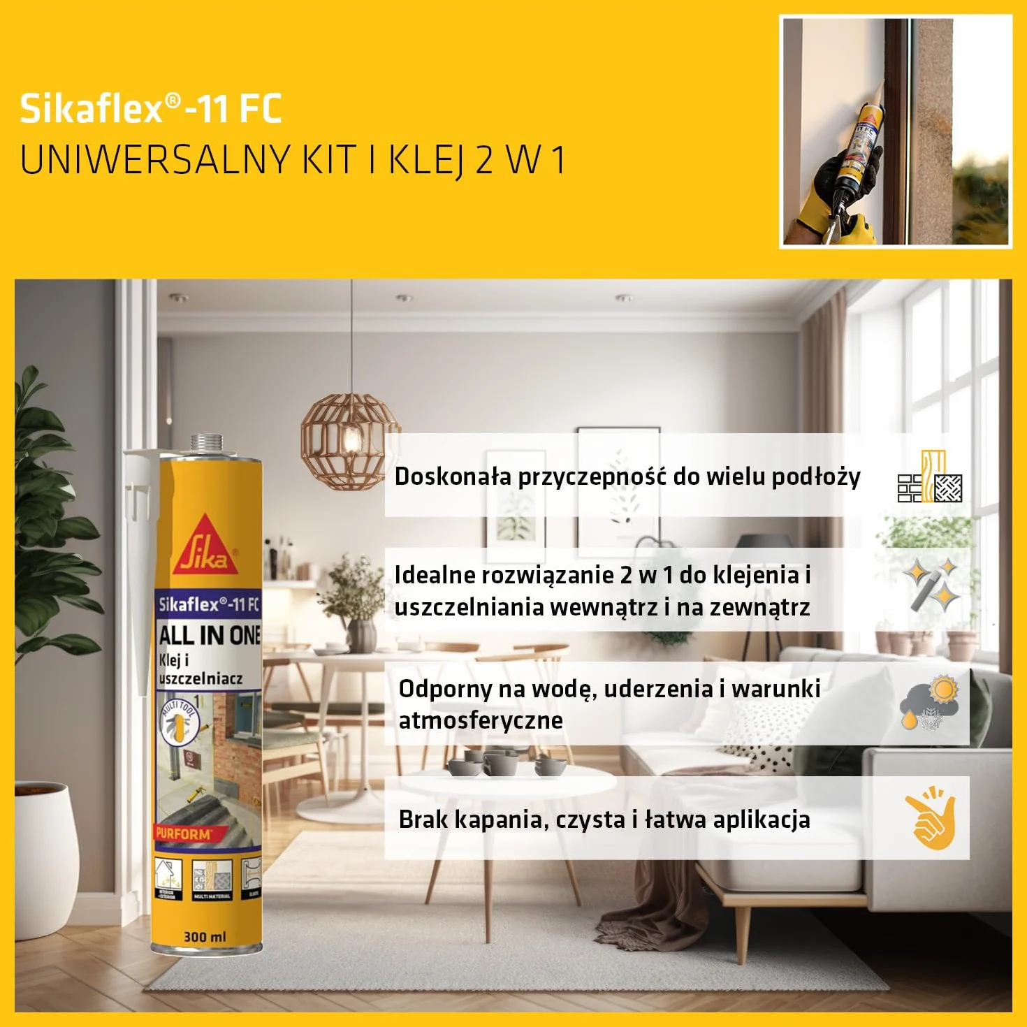 Sika - uniwersalny klej/uszczelniacz - Sikaflex-11FC Purform do użytku wewnątrz i na zewnątrz - przyczepność do wielu podłoży - biały - 300 ml