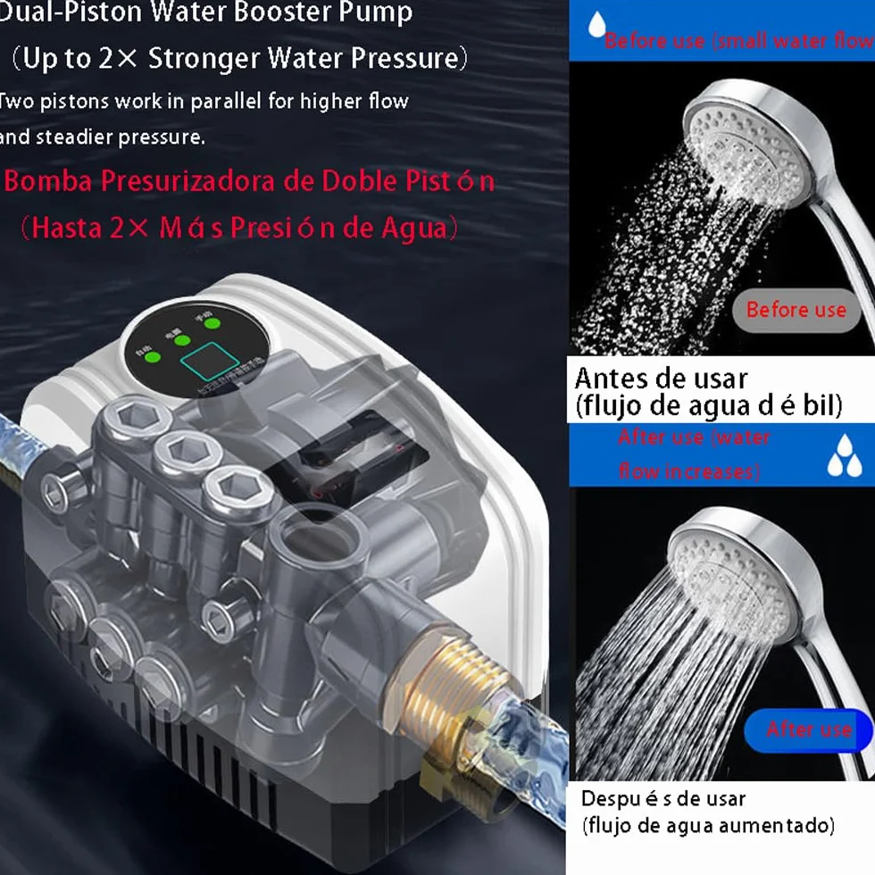 24V pompa do podnoszenia ciśnienia – automatyczny booster do prysznica, kranu i kuchni; cicha i energooszczędna; z miedzianym złączem – 100/120/150 W, do 47 l/min, wysokość 27 m