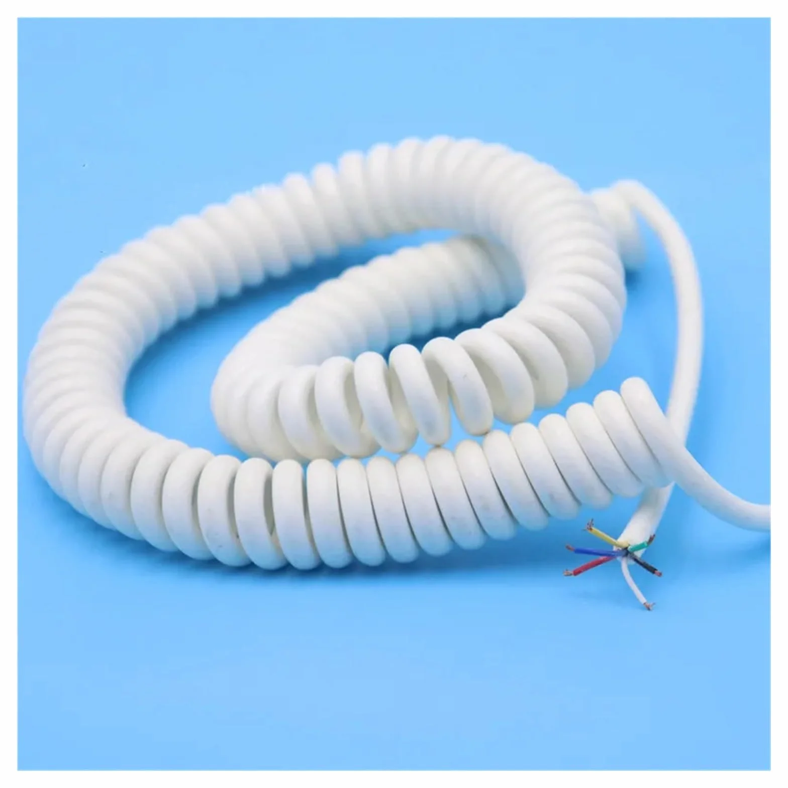 Teleskopowy kabel sprężynowy spiralny | 6-rdzeniowy elastyczny kabel elastyczny biały, 24 AWG, 1-14 m (rozciągliwy 3 metry)