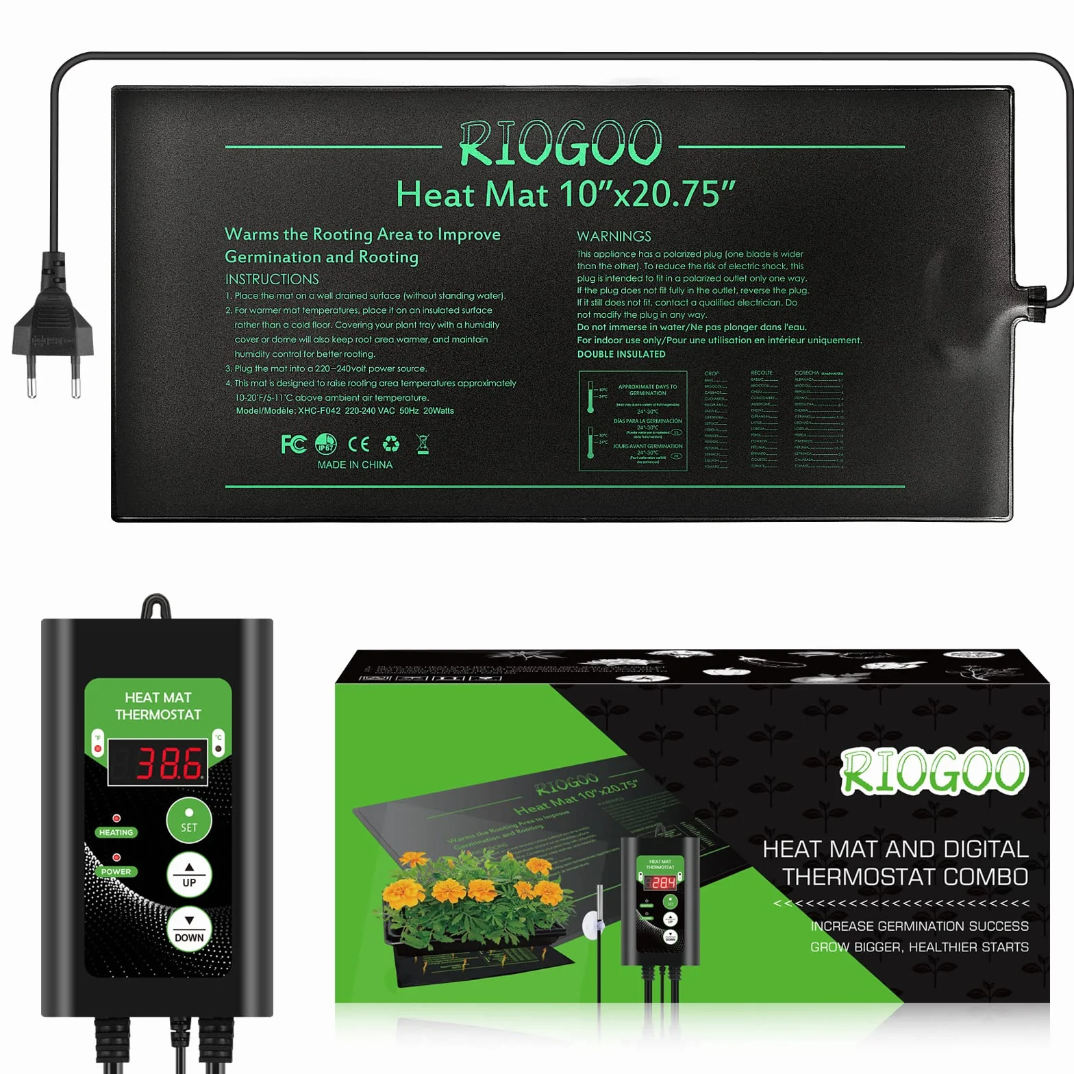 RIOGOO Mata grzewcza sadzonkowa 20,75" x 20,75" z termostatem, wodoszczelna do szklarni