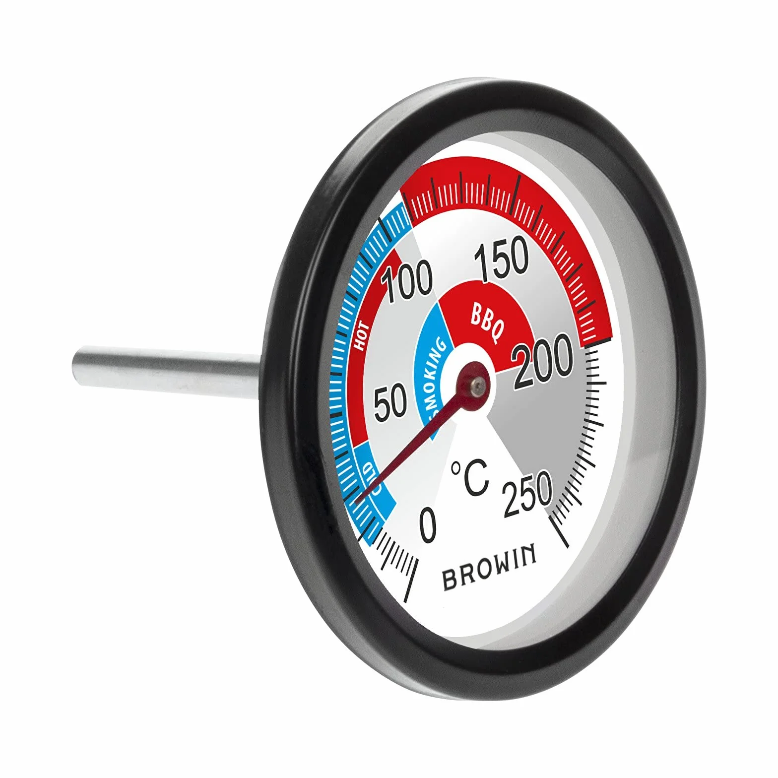 Browin 102200 termometr do komory wędzarniczej BBQ, zakres pomiarowy od 0° do +250°C, analogowy termometr do komory wędzarniczej i grilla, stal nierdzewna