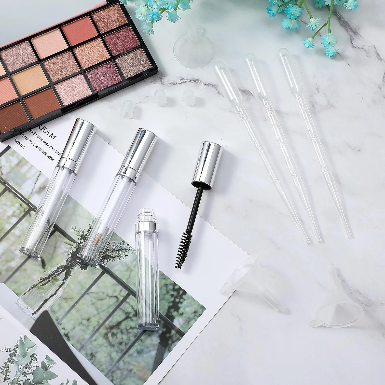Zestaw maskarafek do rzęs, 12 sztuk, 10 ml, szczoteczka z uchwytem, do wielokrotnego napełniania, krem, butelka, rurki do błyszczyka, do eyelinera z lejką