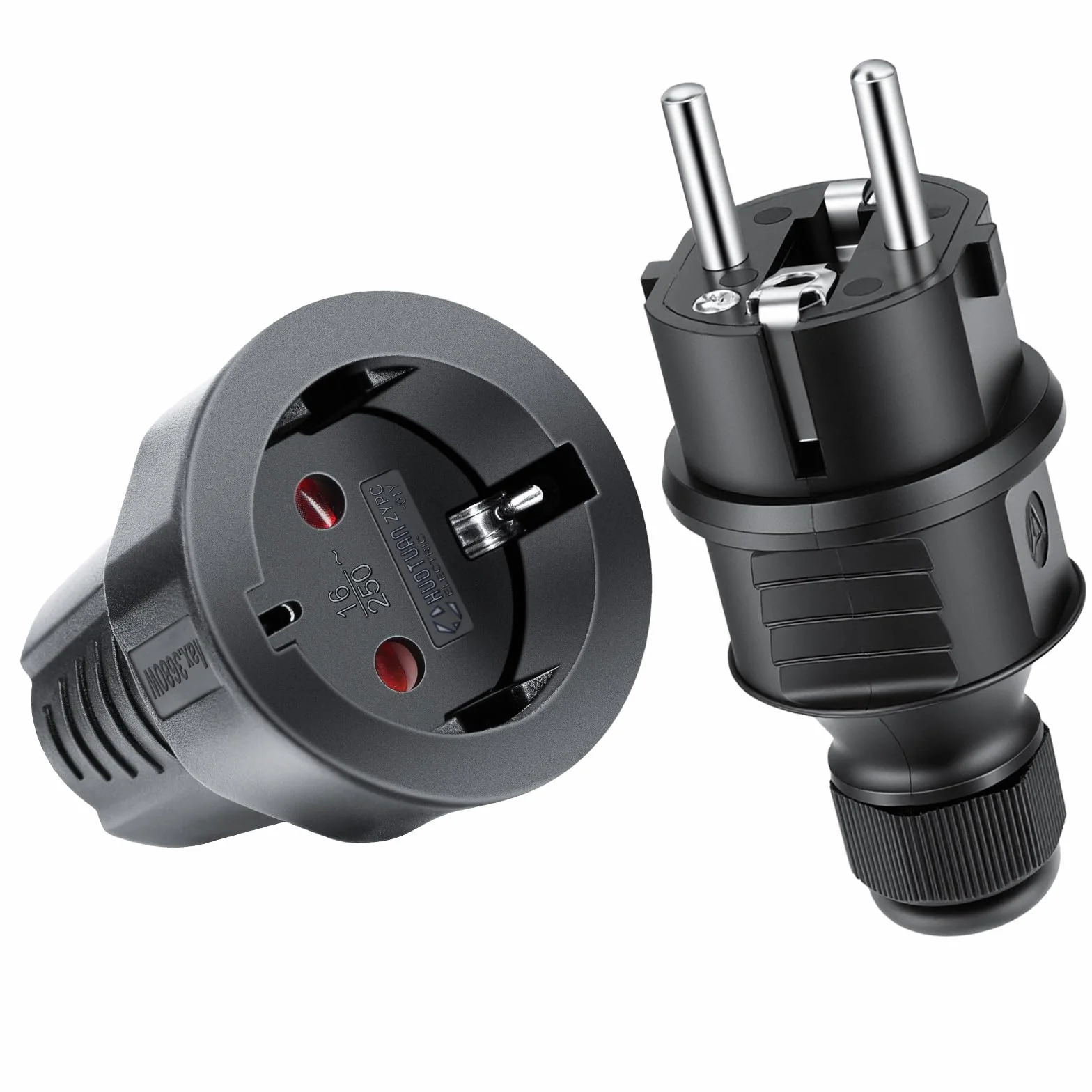 AXFEE 1 x wtyczka męska + 1 x wtyczka żeńska, 250 V 16 A gniazdo wtykowe wpuszczane, gumowa wtyczka P44, trwała i odporna na uszkodzenia, do użytku wewnątrz i na zewnątrz, czarna