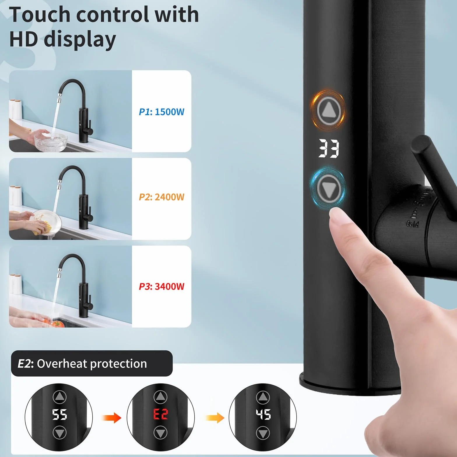 HOMELODY Elektryczny kran z podgrzewaczem wody 230V, 3400W kran kuchenny z dotykowym regulatorem temperatury, anty-sprysk stal nierdzewna armatura kuchenna, podgrzewacz wody do kuchni, ogród i camping