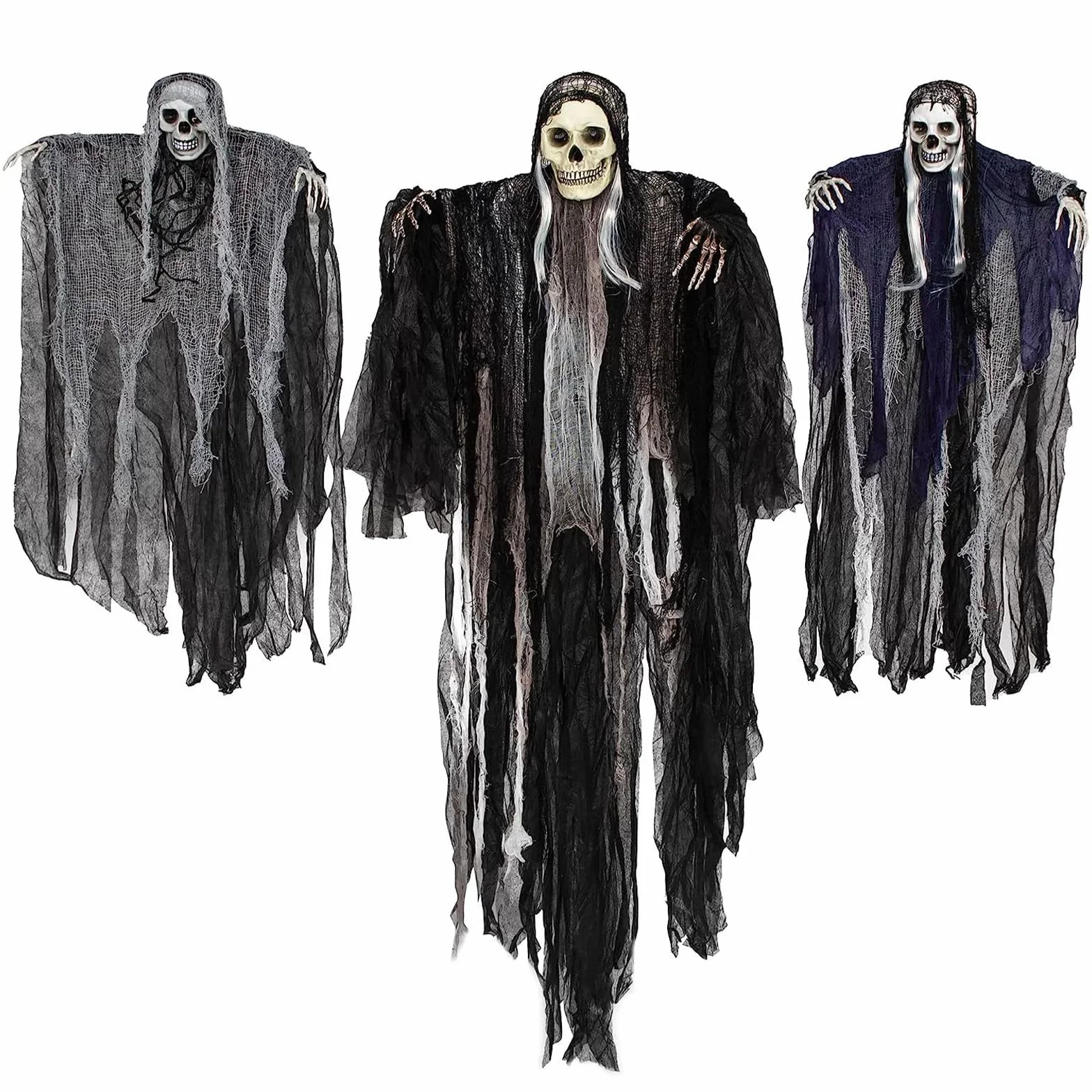 Zestaw 3 wiszących duchów Halloween, ogromny wiszący szkielet, dekoracje ogród dom (2,5 x 135 cm, 5 x 89 cm)