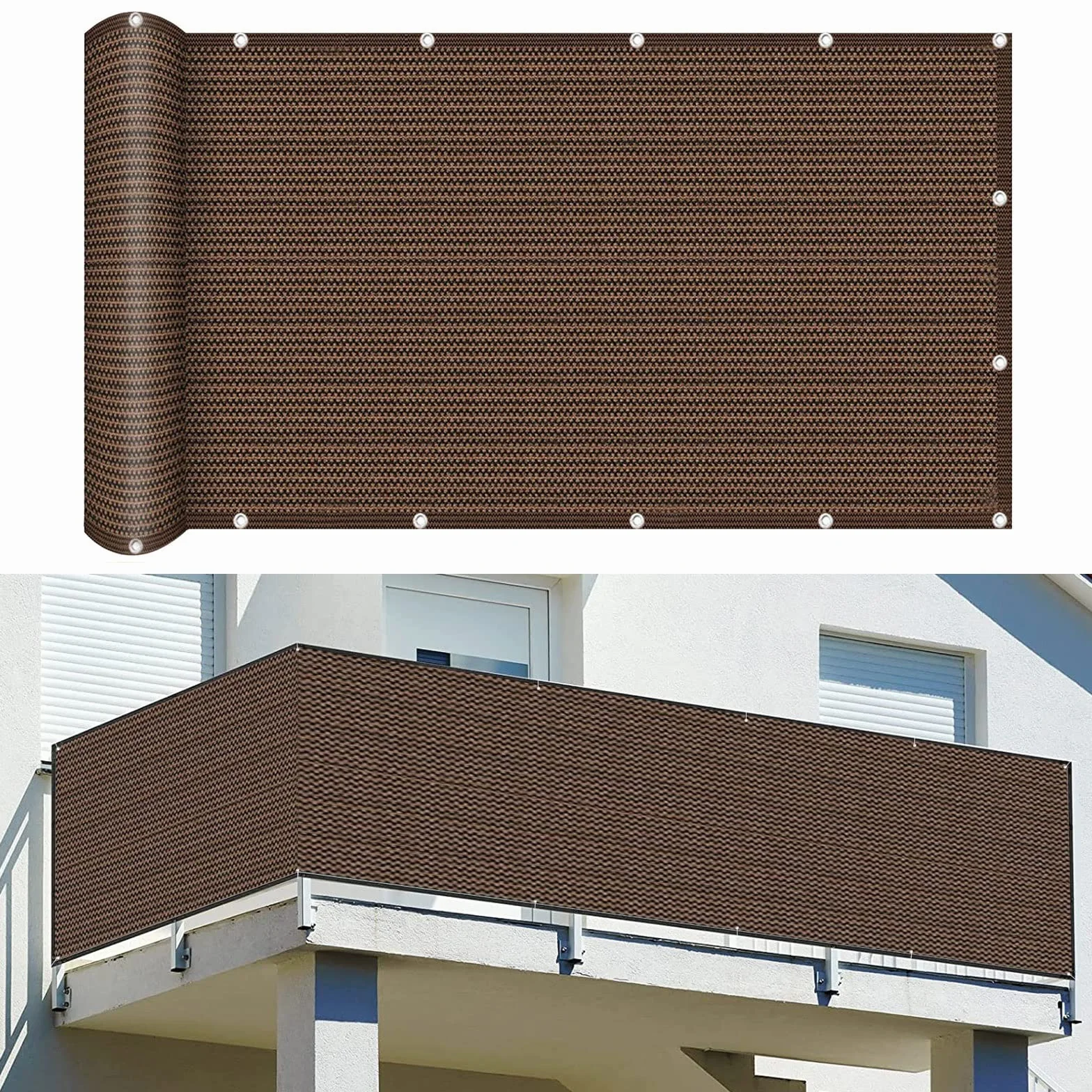 Balkon Ekran Prywatności Wiatr 100 x 450 cm Osłona z Oczkami Liny Brązowy
