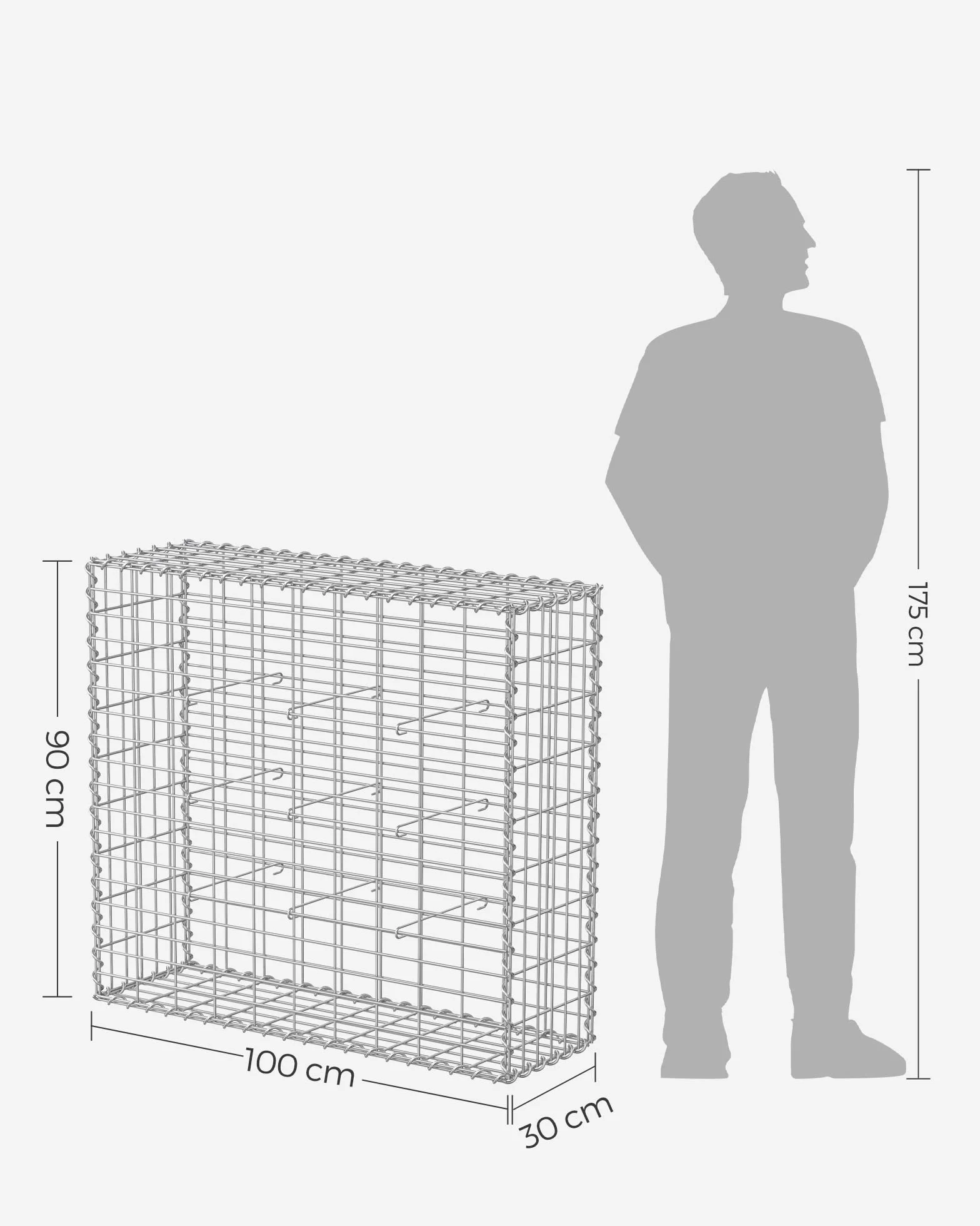SONGMICS Gabion, kosz kamienny, kosz gabionowy, ogrodzenie z drutu, z siatką o małych oczkach 5 x 10 cm, wykonany ze stali ocynkowanej, 100 x 90 x 30 cm, ściana roślinna, srebrny GGB193