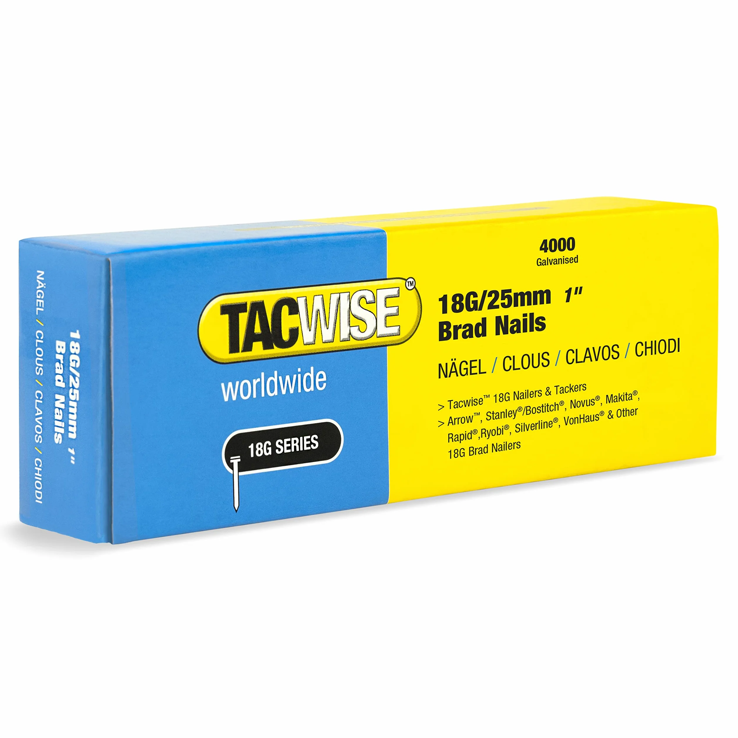 Tacwise 1710 Typ 18G / 25 mm ocynkowane gwoździe Brad, opakowanie 4000 sztuk, srebrne