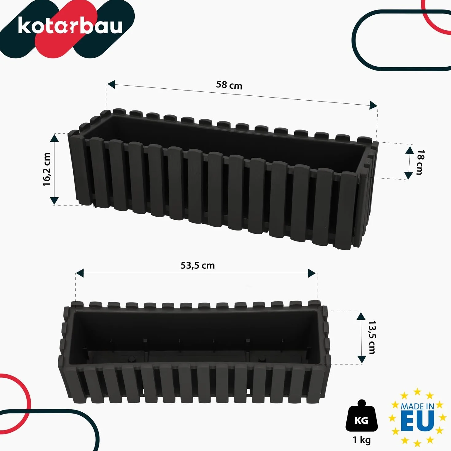 KOTARBAU® 2 szt. Doniczka Balkonowa - Skrzynka Na Balustradę - Taras - Rustykalna - Szara - 58 x 18 x 16 cm