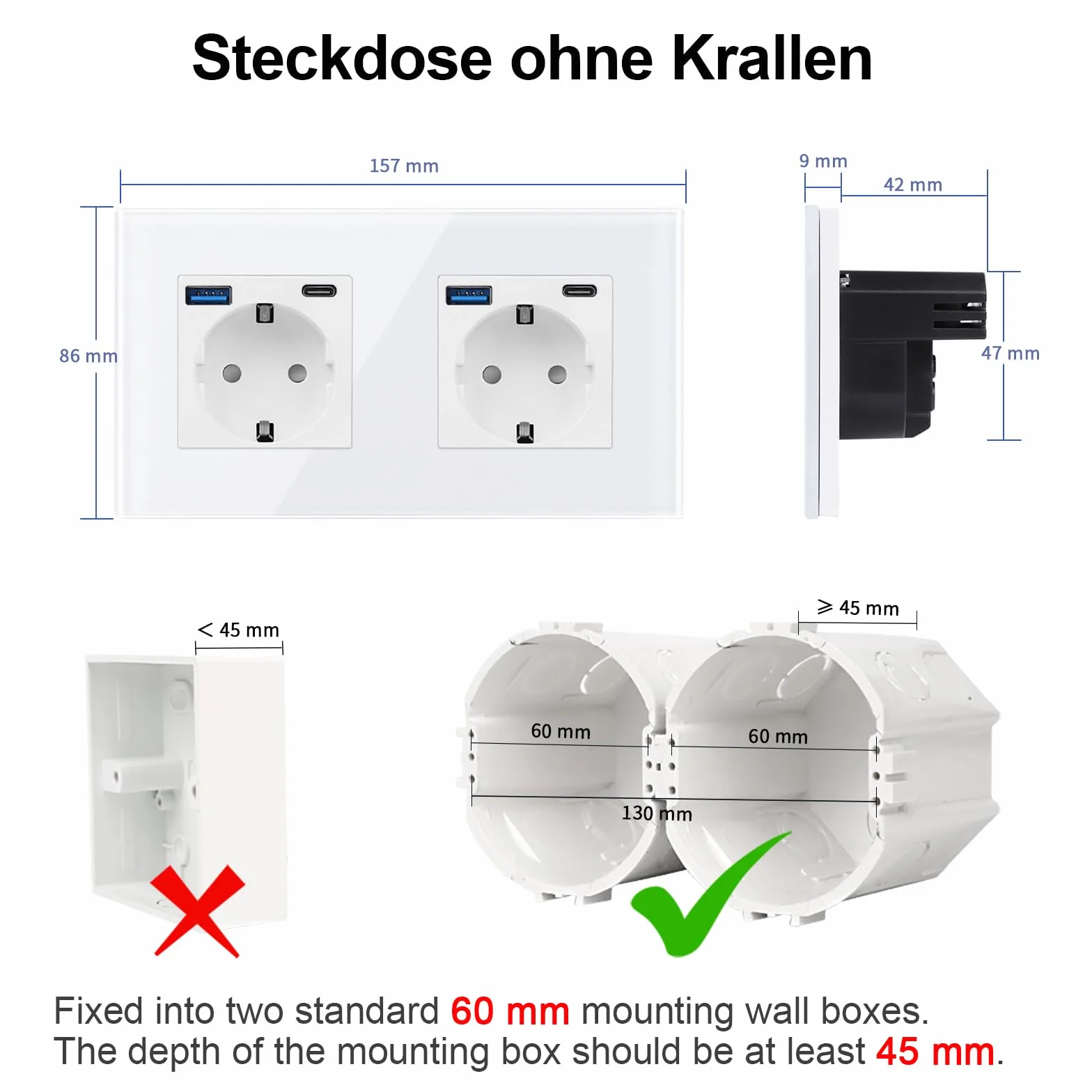 CNBINGO Podwójne szklane gniazdko z portami USB (typ C i typ A, szybkie ładowanie 20 W), gniazdko podtynkowe w kolorze białym, styk ochronny, gniazdko ścienne ze szklaną ramą