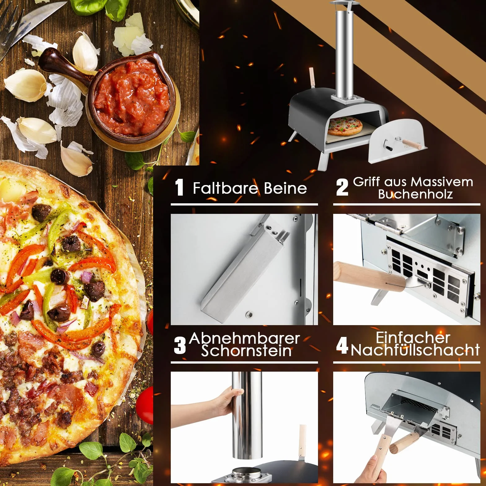 COSTWAY Piec do pizzy na zewnątrz, przenośny piec na drewno, w zestawie łopata i kamień do pizzy, na gaz i drewno, do ogrodu, na kemping