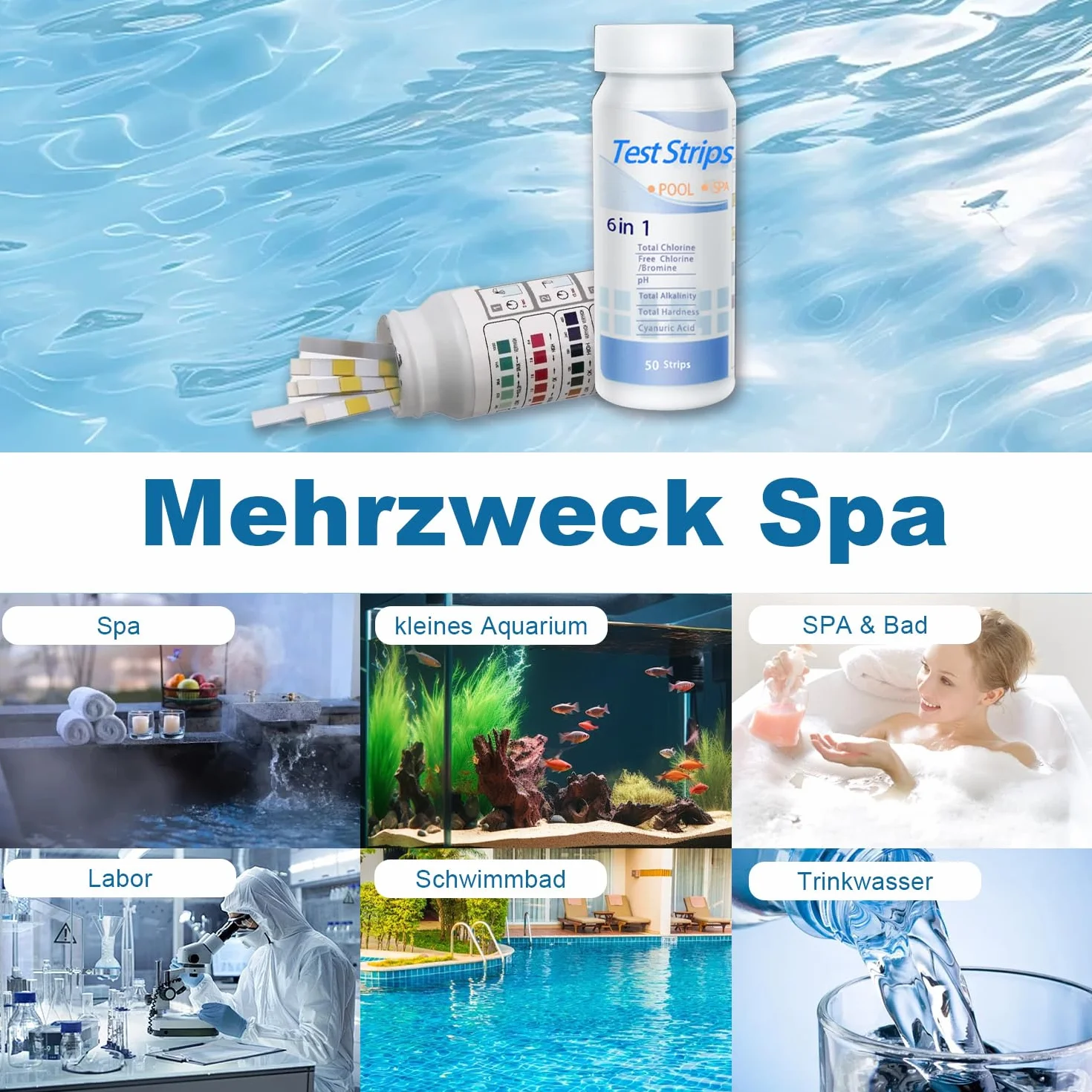 Onperpoe 100 sztuk 6 w 1, paski testowe pH i chloru, cyfrowe paski testowe wartości pH, tester wody, do akwarium, pomiar twardości wody, do testowania basenu, testowania kwasu cyjanurowego