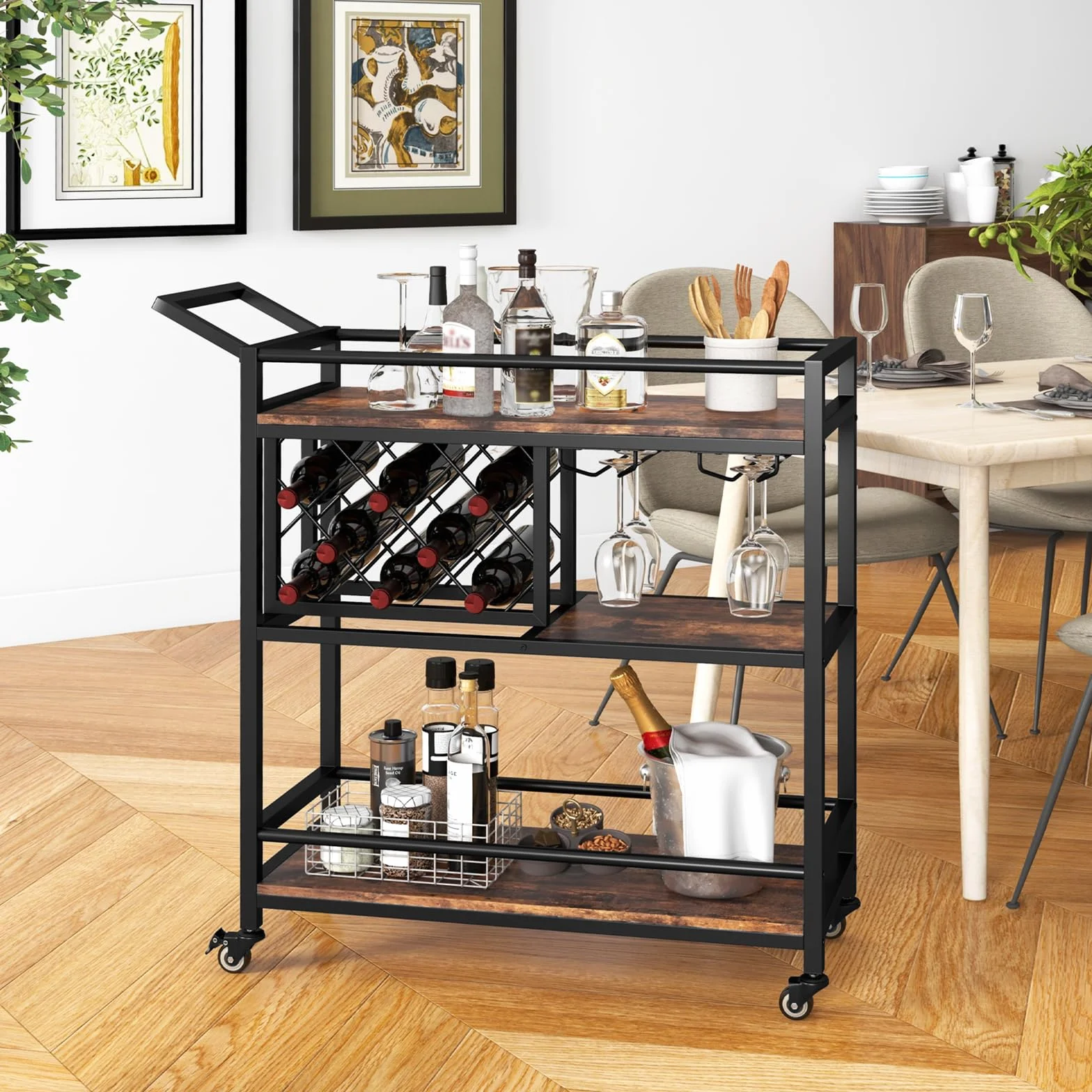 COSTWAY Wózek do serwowania na kółkach, 3-poziomowy wózek kuchenny z regałem na wino i uchwytem na szkło, zamykany wózek barowy, metalowa rama, do jadalni, kuchni, salonu, na imprezę, do baru, wózka