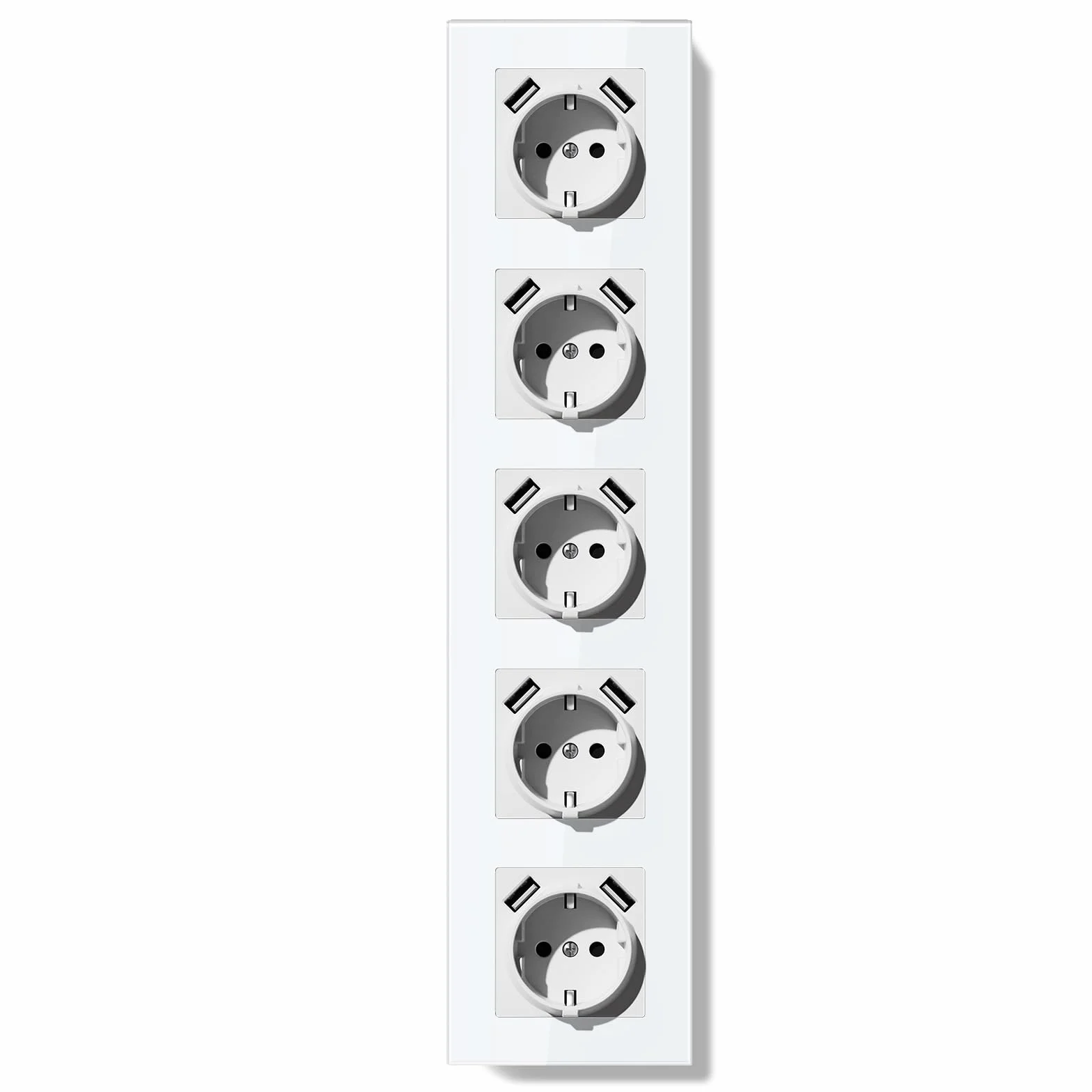 gniazdo Schuko z USB-A podtynkowe 86 * 370mm, gniazdo EU 16A z ramką ze szkła, 2 USB typu F z uziemieniem, łatwa instalacja (zaczepy składane), 5-funkcyjne białe