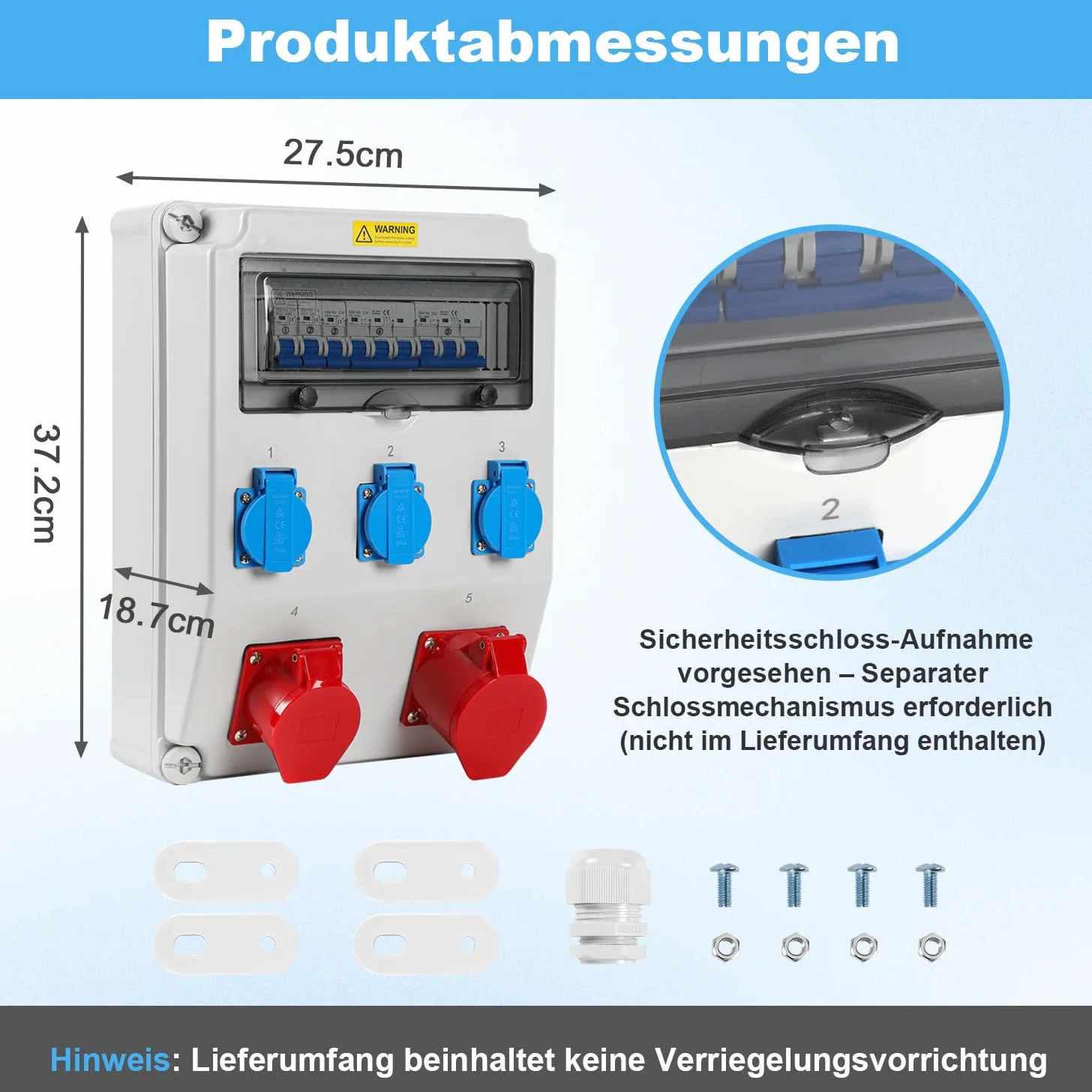 Rozdzielacz prądu budowlanego, 1 x CEE 32 A 400 V + 1 x CEE 16 A 400 V + 3 x 230 V Schuko, 5-biegunowy rozdzielacz ścienny z przełącznikami LS, rozdzielacz prądu IP44 z klapkami zabezpieczającymi
