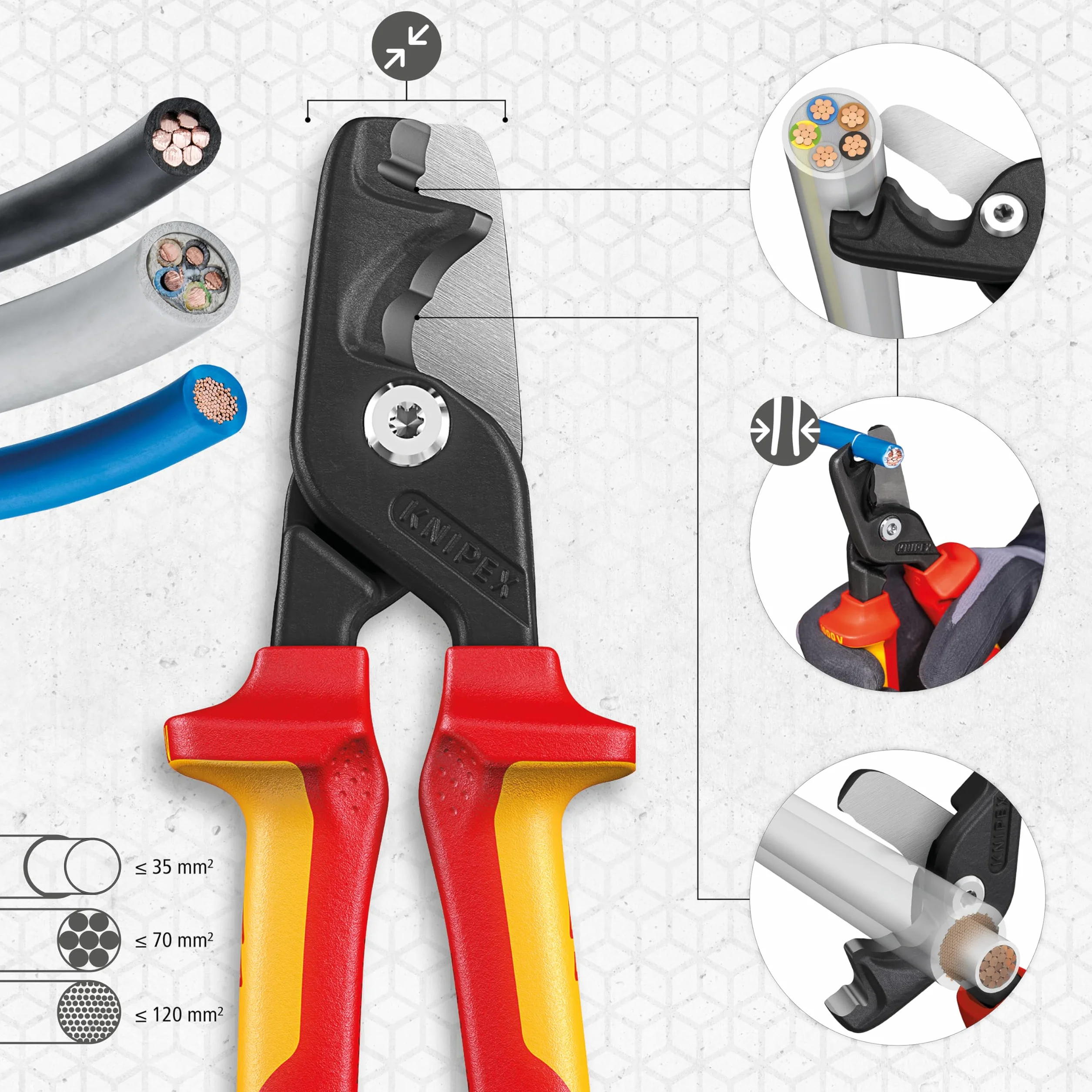 KNIPEX StepCut XL Nożyce do kabli ze stopniowanymi krawędziami tnącymi rękojeść dwukomponentowa izolowana wg VDE 225 mm, 95 18 225