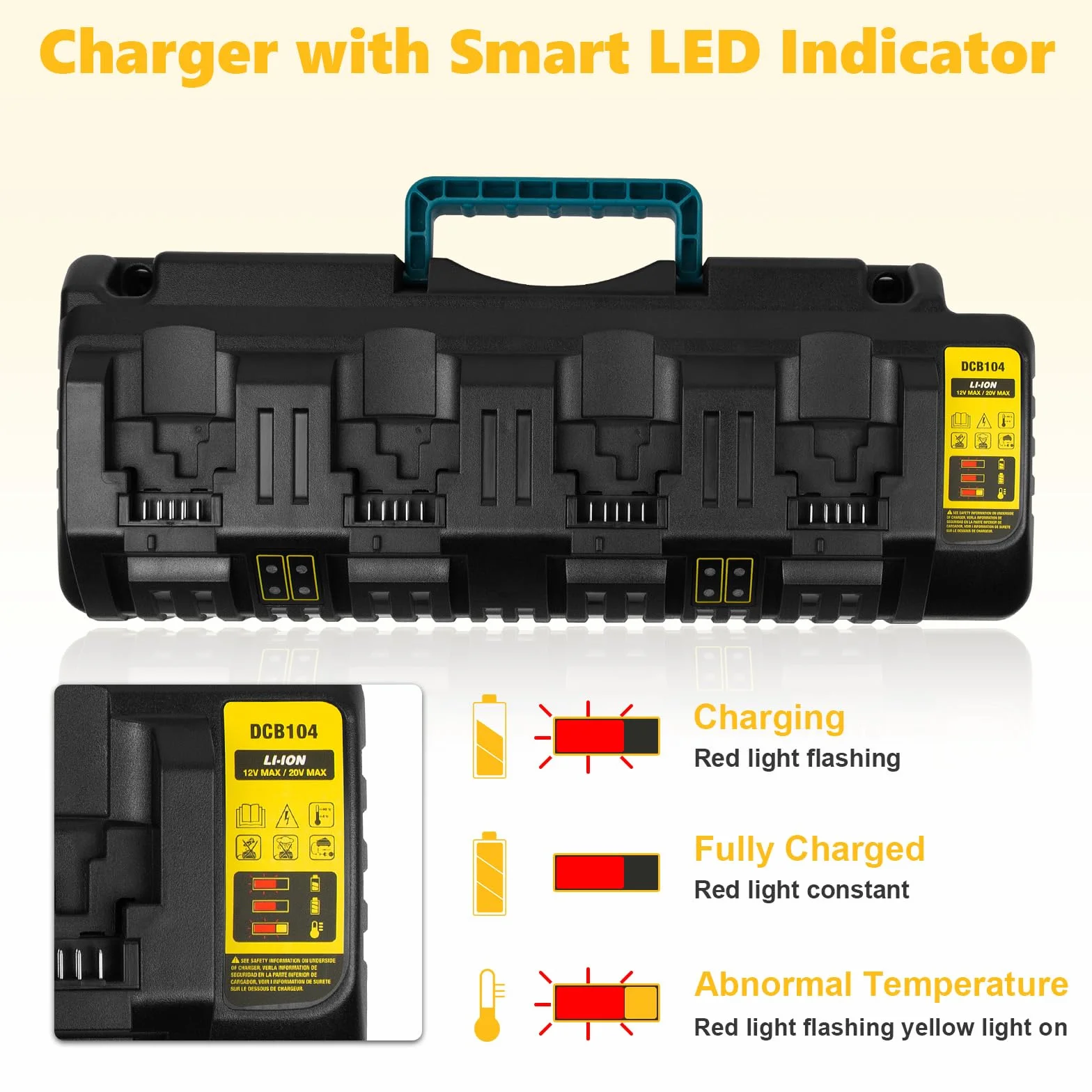 DCB104 4-portowa szybka ładowarka do akumulatora DeWalt 20V/60V Max, z portem USB kompatybilna z baterią DeWalt 20V/60V DCB206 DCB208 DCB205 DCB606 DCB609Y DCB612 i ładowarką DCB104 DCB107 DCB1155