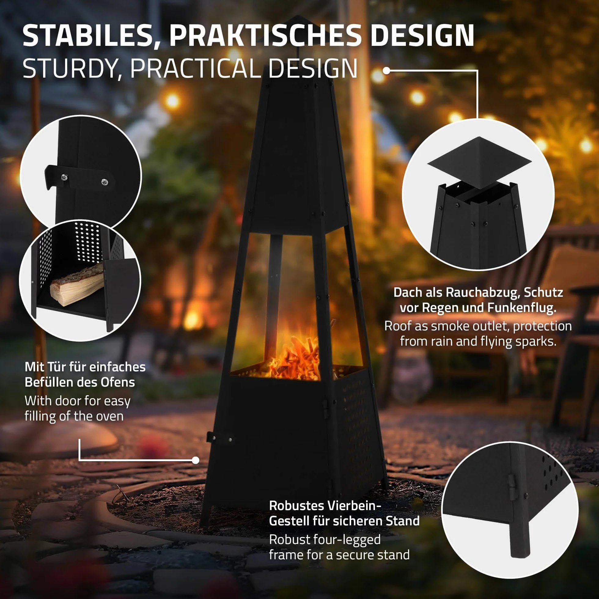 ML-Design Piramida Kominek Ogrodowy Z Kominem Wykonany Z Metalu W Kolorze Czarnym Wysokosc 100 Cm, Odporny Na Warunki Atmosferyczne Piec Ogrodowy/kominek Na Patio Jako Misa Ogniowa Lub Kosz Na Ognisko