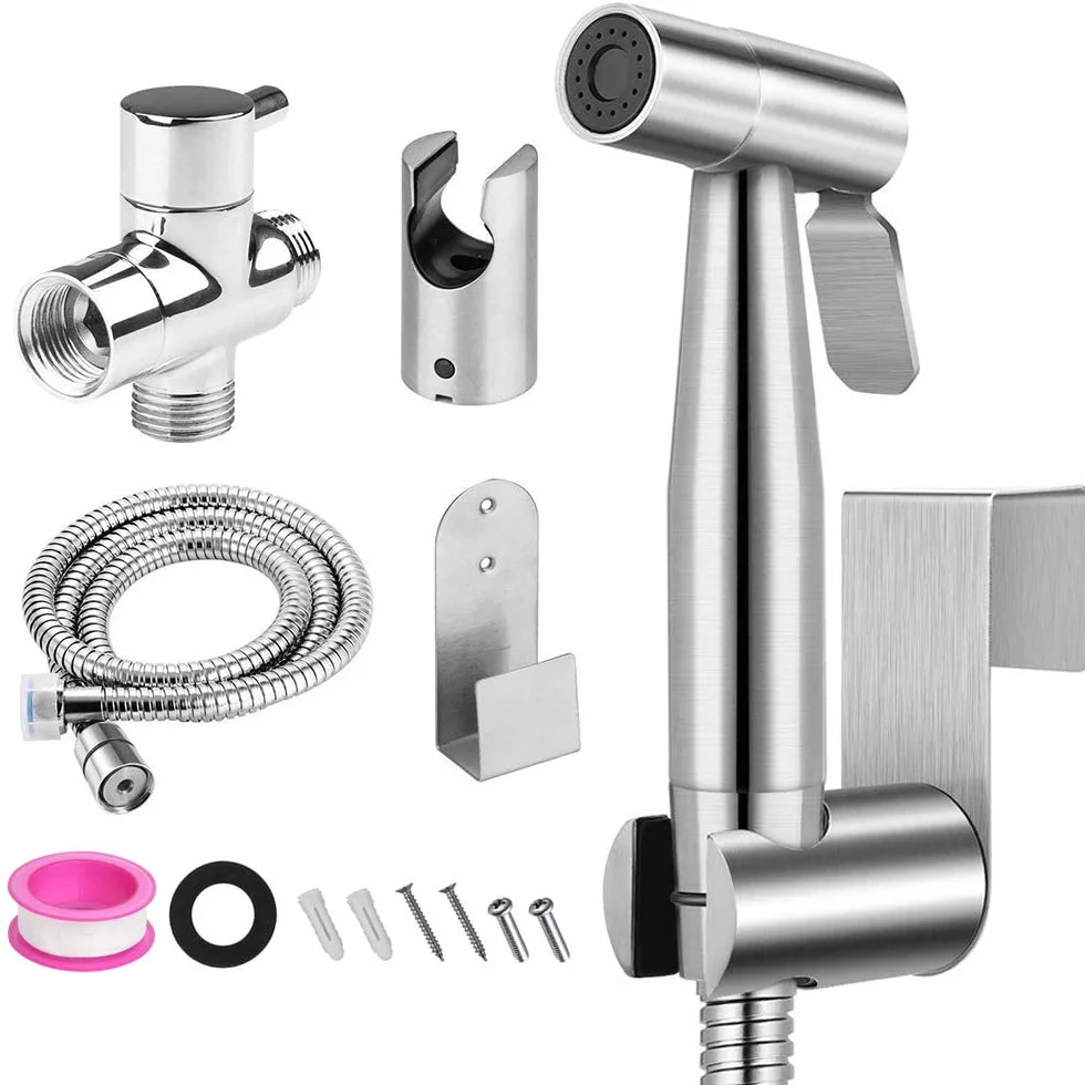 Zestaw do spryskiwacza bidetowego, ze stali nierdzewnej szattaf toaleta bidet głowica łazienka tkanina pieluchy myjka do higieny osobistej, czyszczenia toalety, kąpieli dla zwierząt domowych (w tym adapter T-)