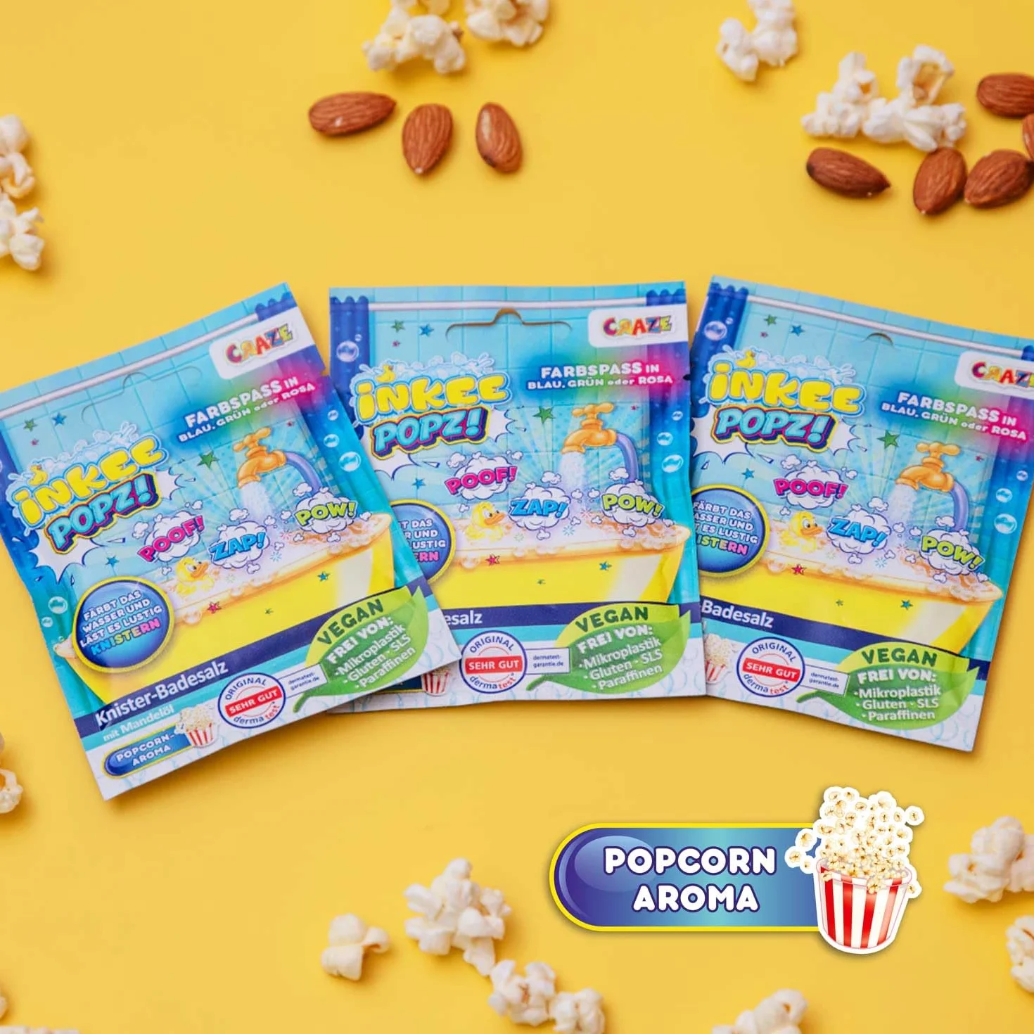 INKEE POPZ | Musująca Sól do Kąpieli dla Dzieci – Kolorowy Dodatek do Kąpieli w Różu, Niebieskim lub Zielonym z Olejem Migdałowym i Aromatem Popcornu, Saszetka 15g – Zabawa podczas Kąpieli