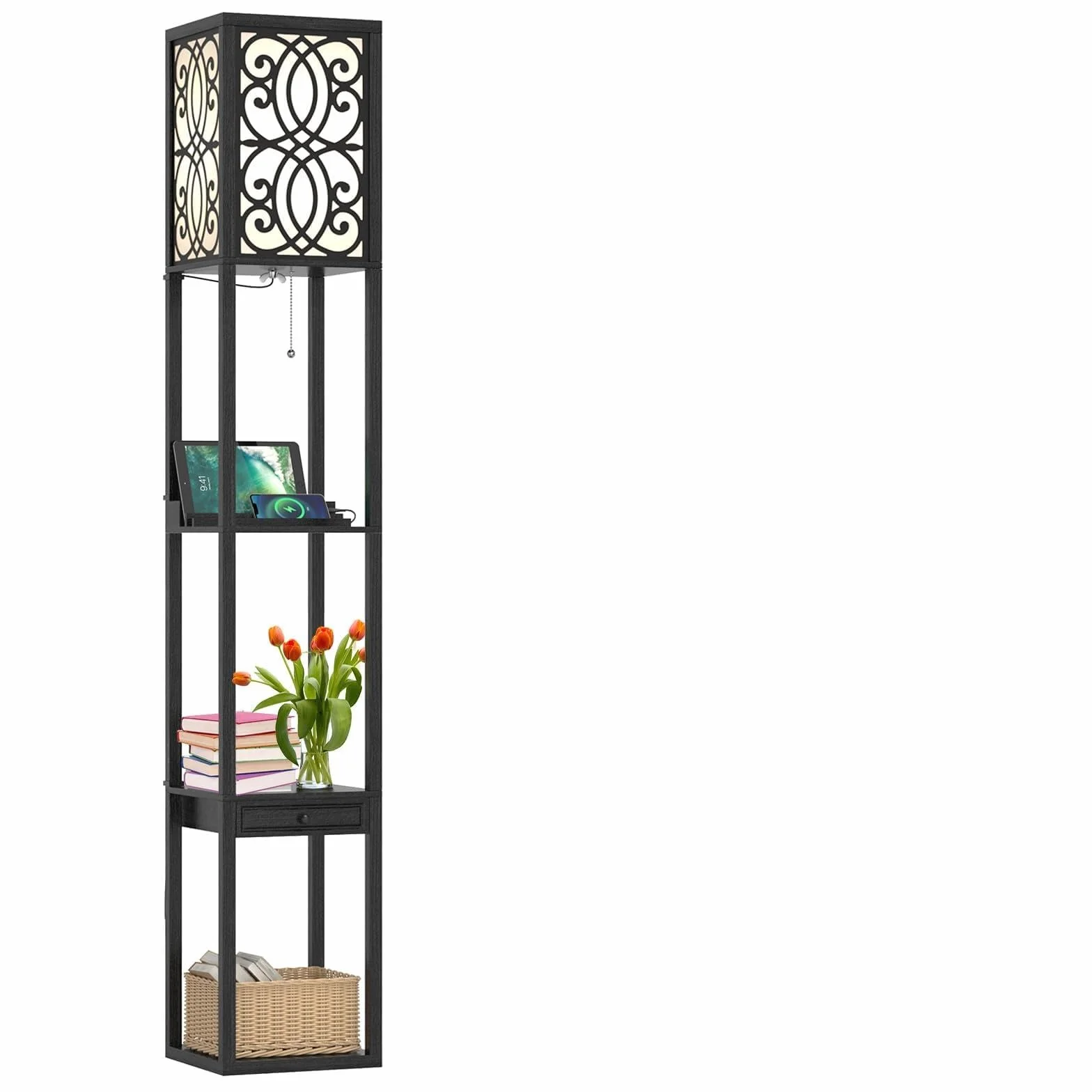 COSTWAY Lampa stojąca do salonu 160cm, E27, z 2 portami USB, 3-poziomowa lampa stojąca z szufladą, lampa podłogowa z drewna, drewniane półki, oświetlenie wewnętrzne do salonu i sypialni
