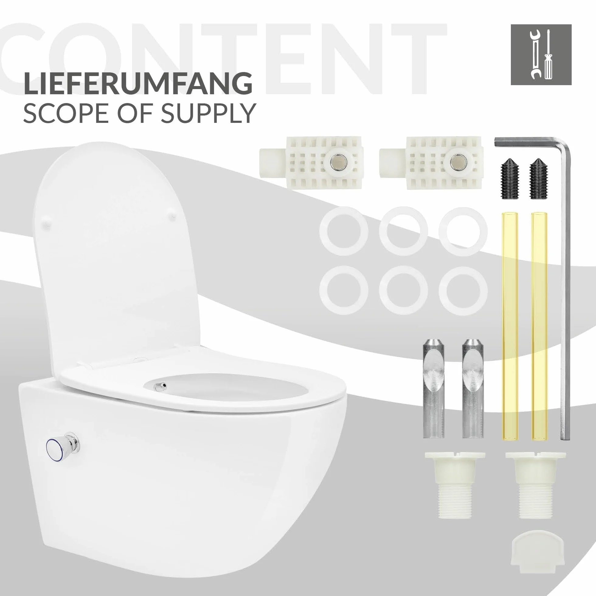 LuxeBath wiszaca muszla klozetowa bez rantu z funkcja bidetu, biala, powloka Wash WC Nano, spluczka Tornado, dluga 54 cm, blyszczaca wiszaca miska klozetowa z miekko zamykana deska klozetowa