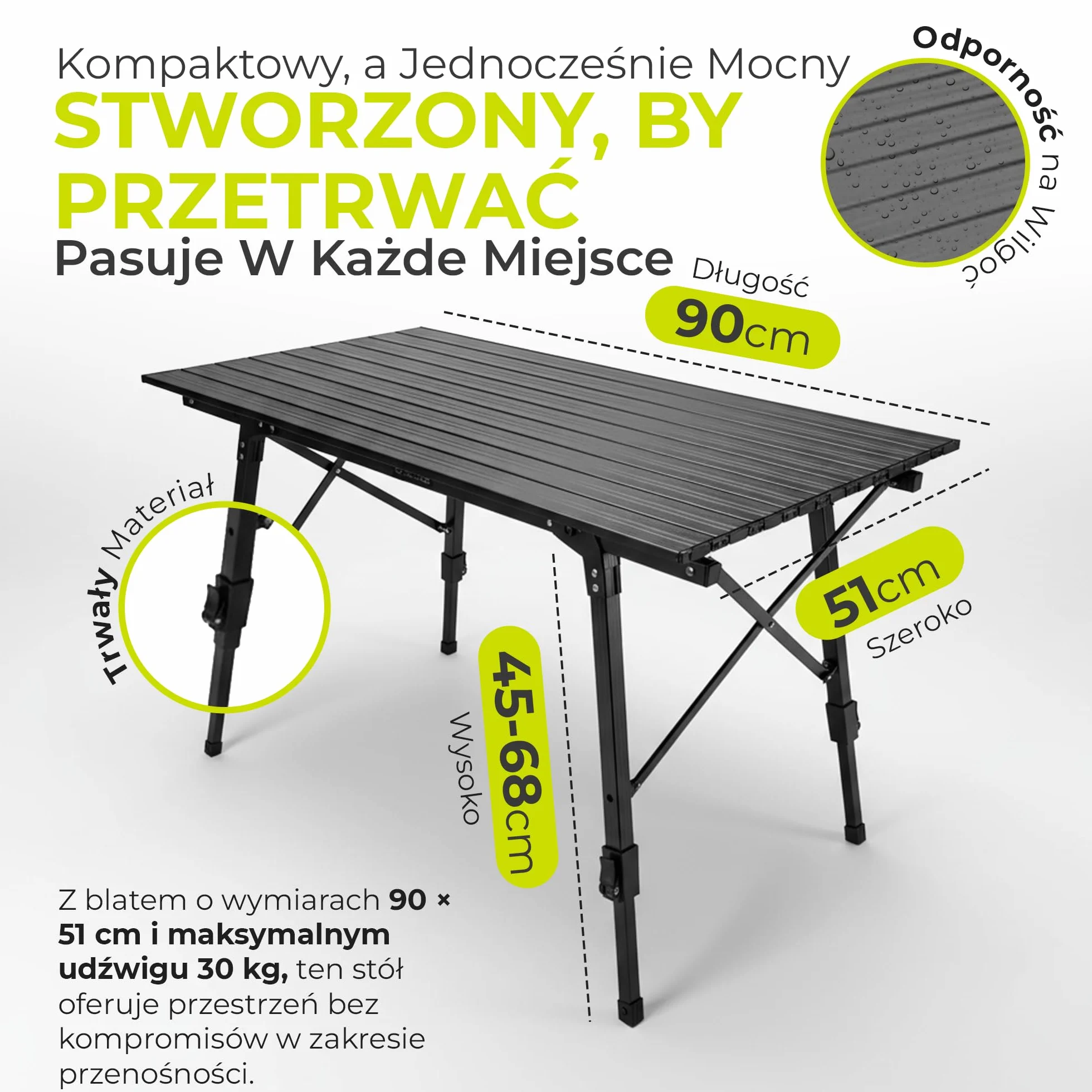 Składany stół kempingowy z regulacją wysokości 90x51 cm 30 kg