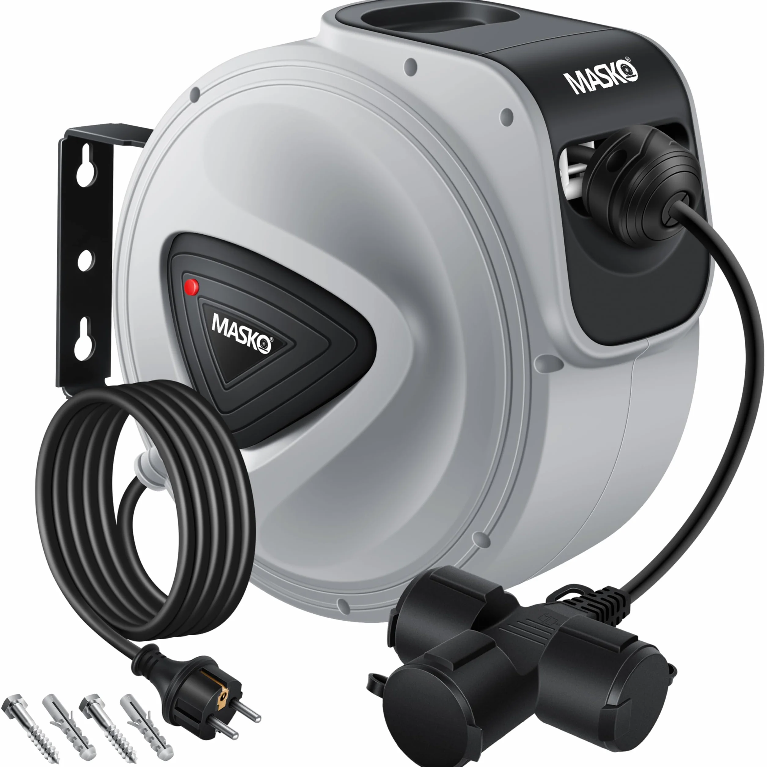 MASKO® Automatyczny bęben kablowy, przedłużacz 20 m, 3-krotne podłączenie, obracany o 180°, przewód doprowadzający, uchwyt ścienny, warsztat, zwijacz kabli, automatyczny bęben prądowy, szary / czarny